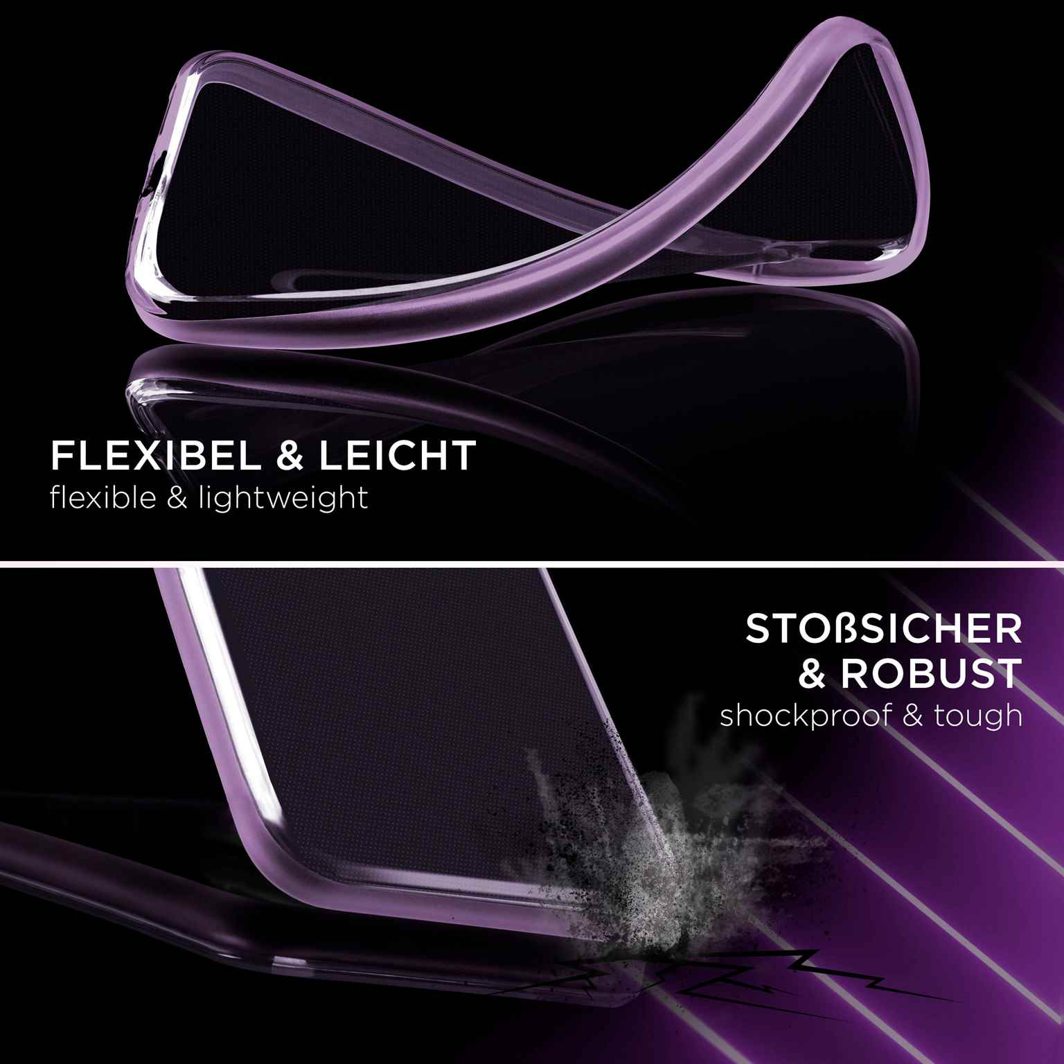 Eine transparente Handyhülle, die Flexibilität und Stoßfestigkeit zeigt. Der Hintergrund ist ein dunkler Farbverlauf.