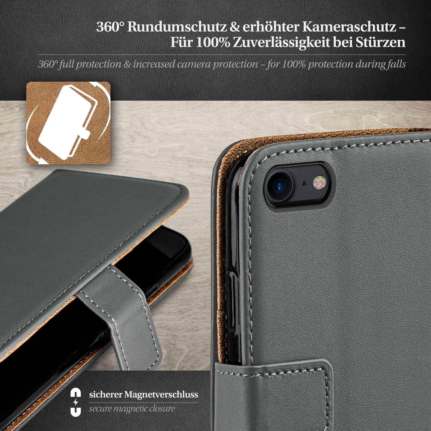 Graue Handyhülle, geschlossen, mit Magnetverschluss. Telefon innen. Branding und Text sichtbar.