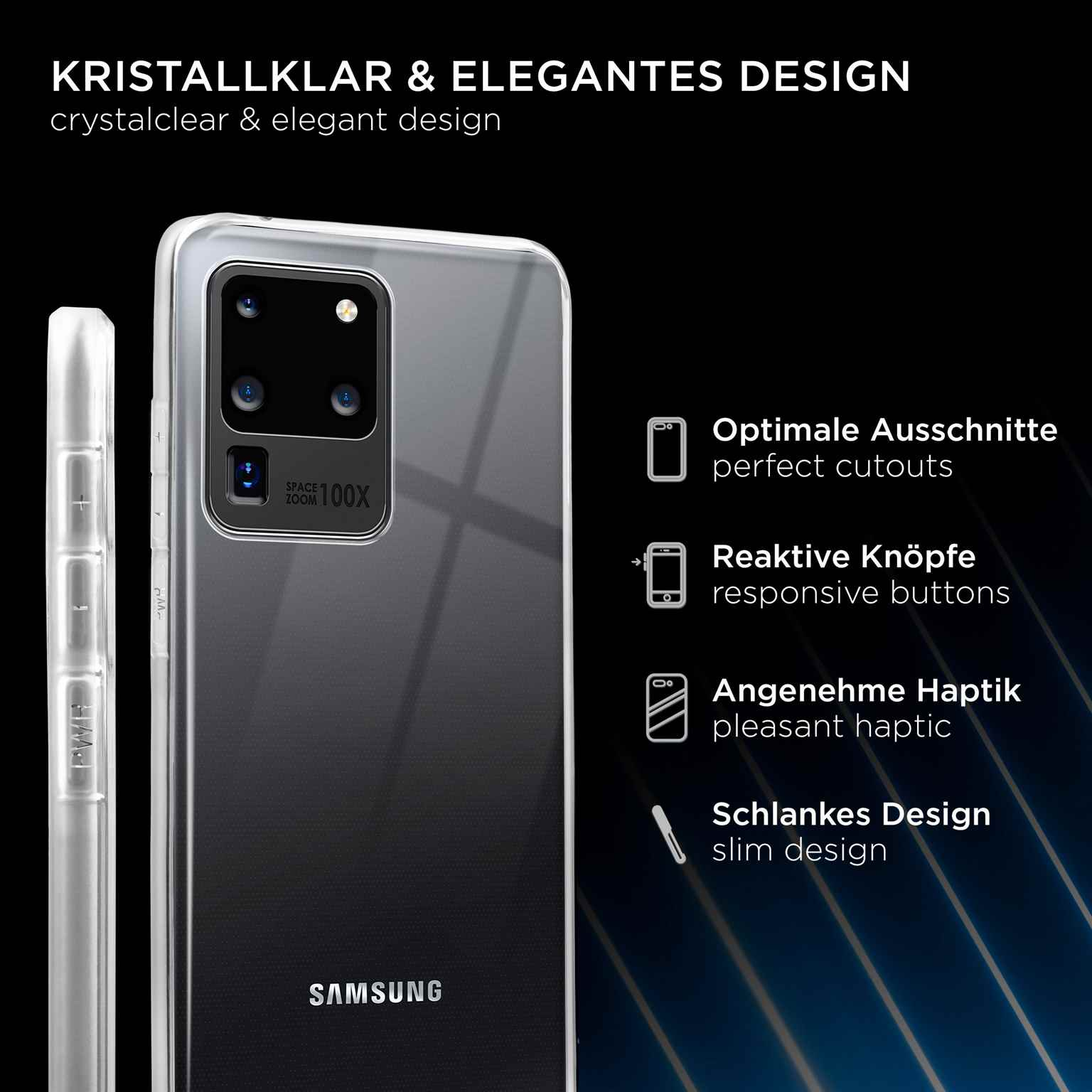 Klare Handyhülle mit perfekten Aussparungen, reaktiven Knöpfen und schlankem Design.