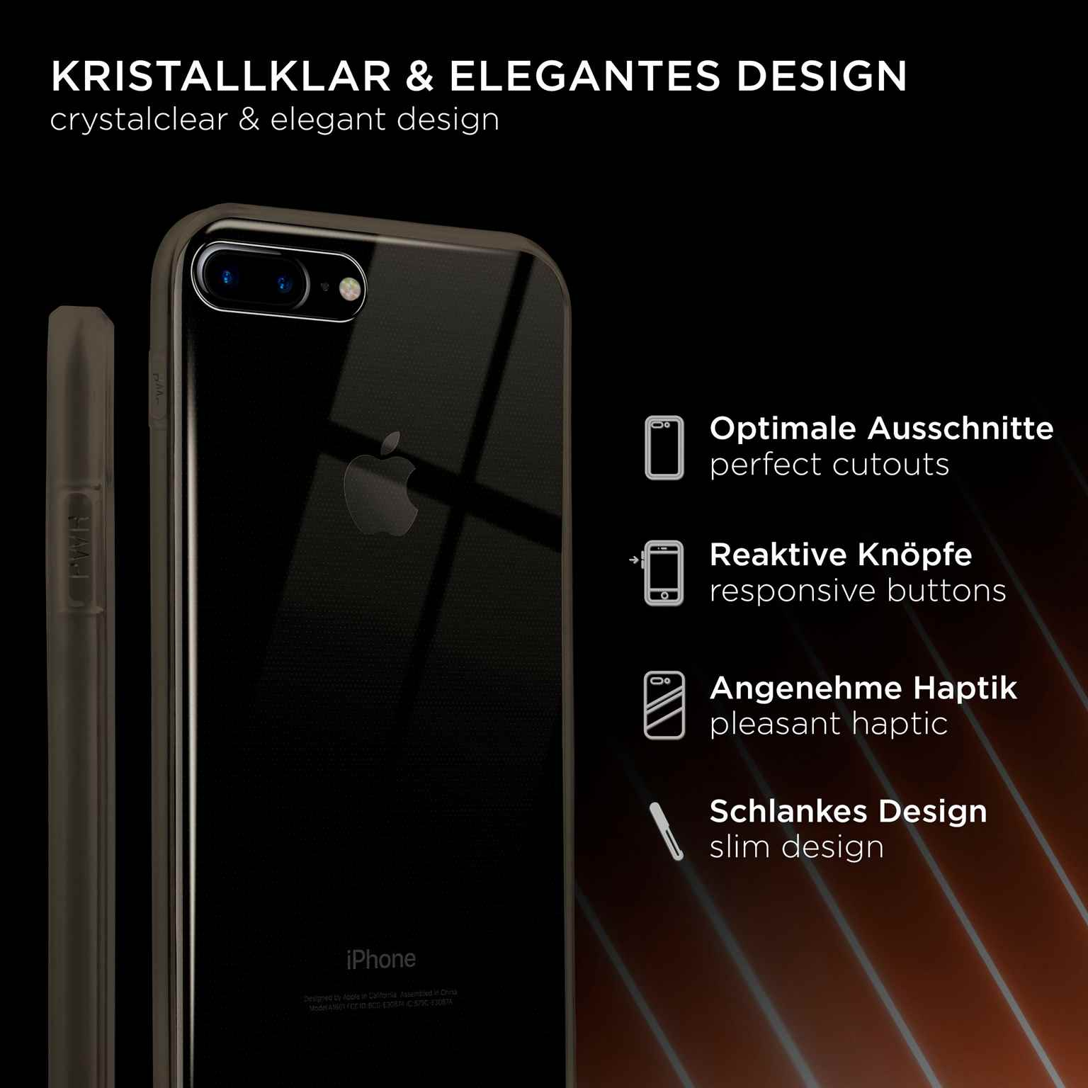 Schwarzes Telefon in klarer Hülle. Merkmale: perfekte Aussparungen, reaktive Tasten, angenehme Haptik, schlankes Design.