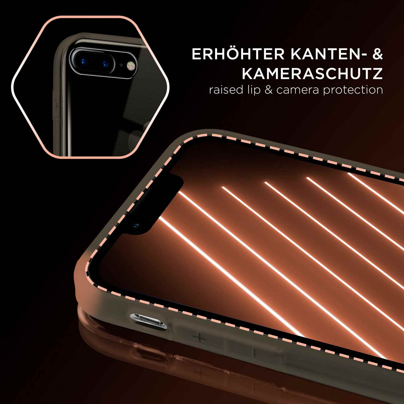 Nahaufnahme einer Handyhülle. Die Hülle hat eine erhöhte Kante.