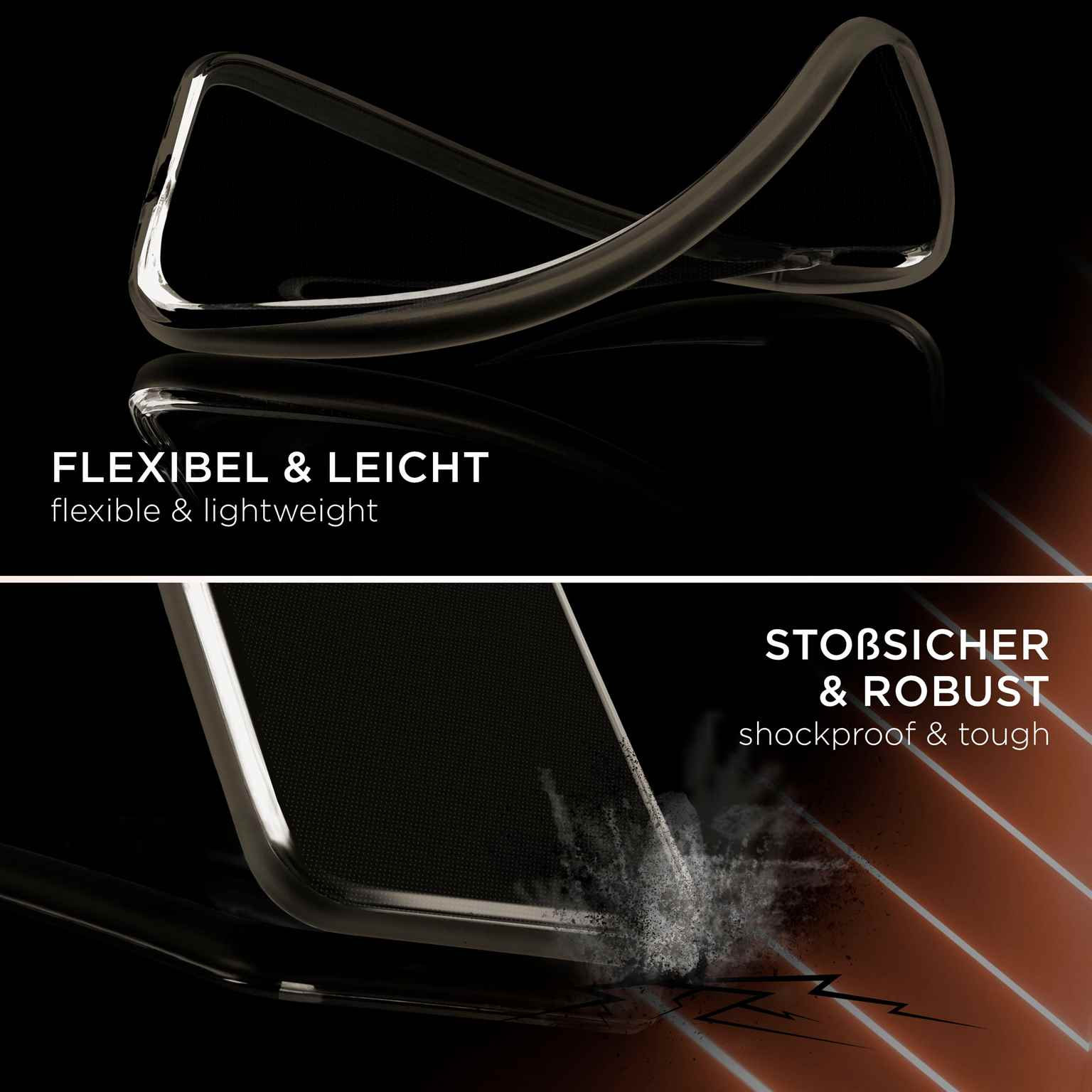 Schwarze Handyhülle, flexibel und leicht. Stoßfest und robust, auf schwarzem Hintergrund.