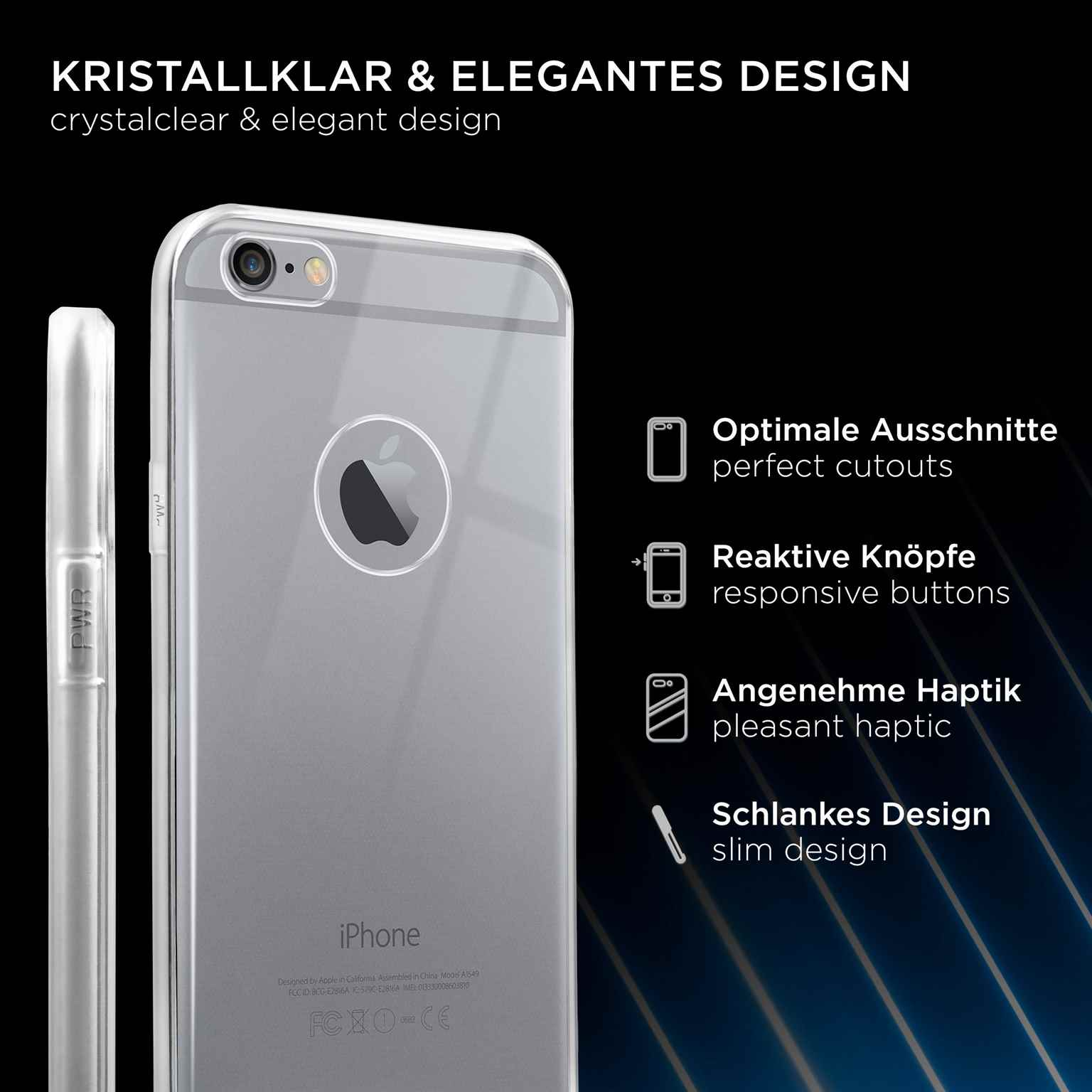 Eine transparente Handyhülle mit einem iPhone darin. Text: perfekte Aussparungen, Knöpfe.
