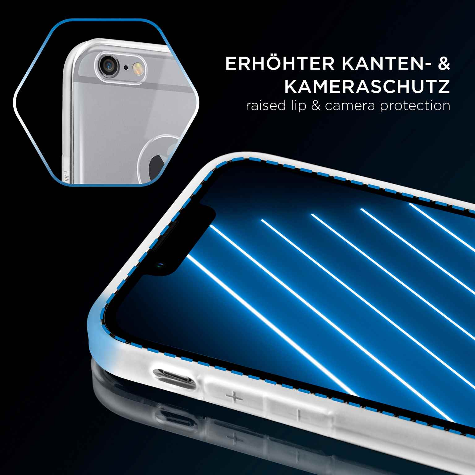 Transparente Handyhülle mit blauem Bildschirm. Die Hülle hat eine erhöhte Lippe zum Schutz der Kamera.