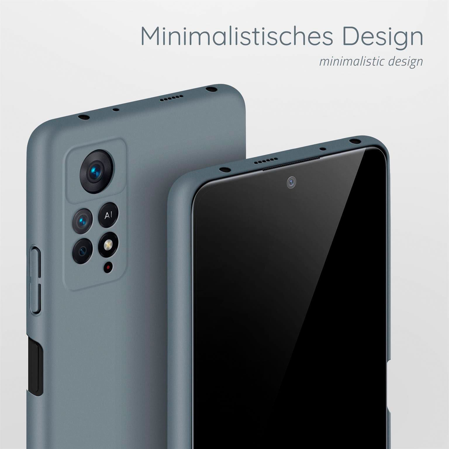 Zwei graue Handyhüllen, eine mit Kamera, vor hellem Hintergrund.