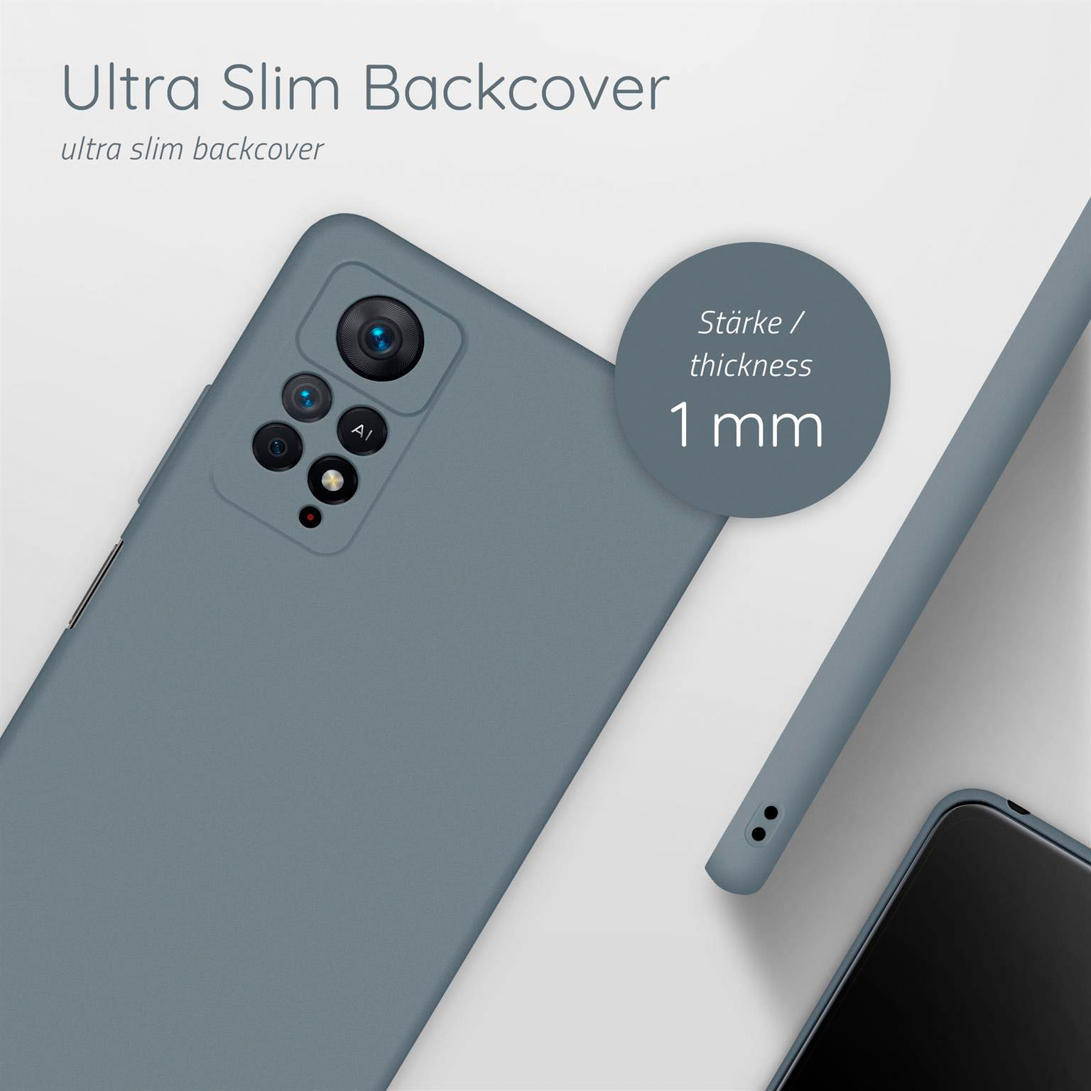 Eine graue Handyhülle auf grauem Hintergrund, mit einem 1mm dicken Kreis und einer Telefonumriss.