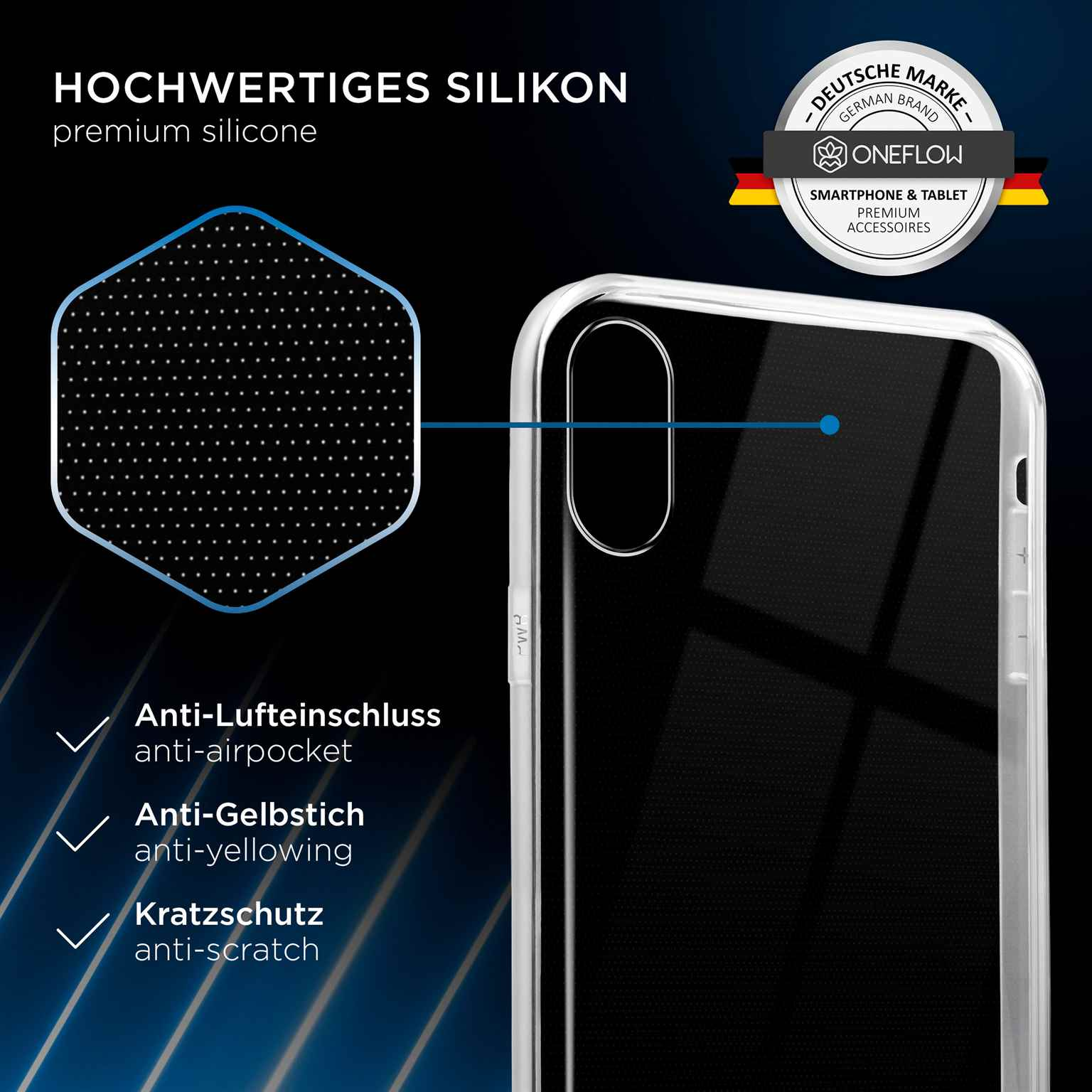 Transparente Handyhülle mit sechseckigem Muster und Produktdetails. Das Gehäuse ist transparent.