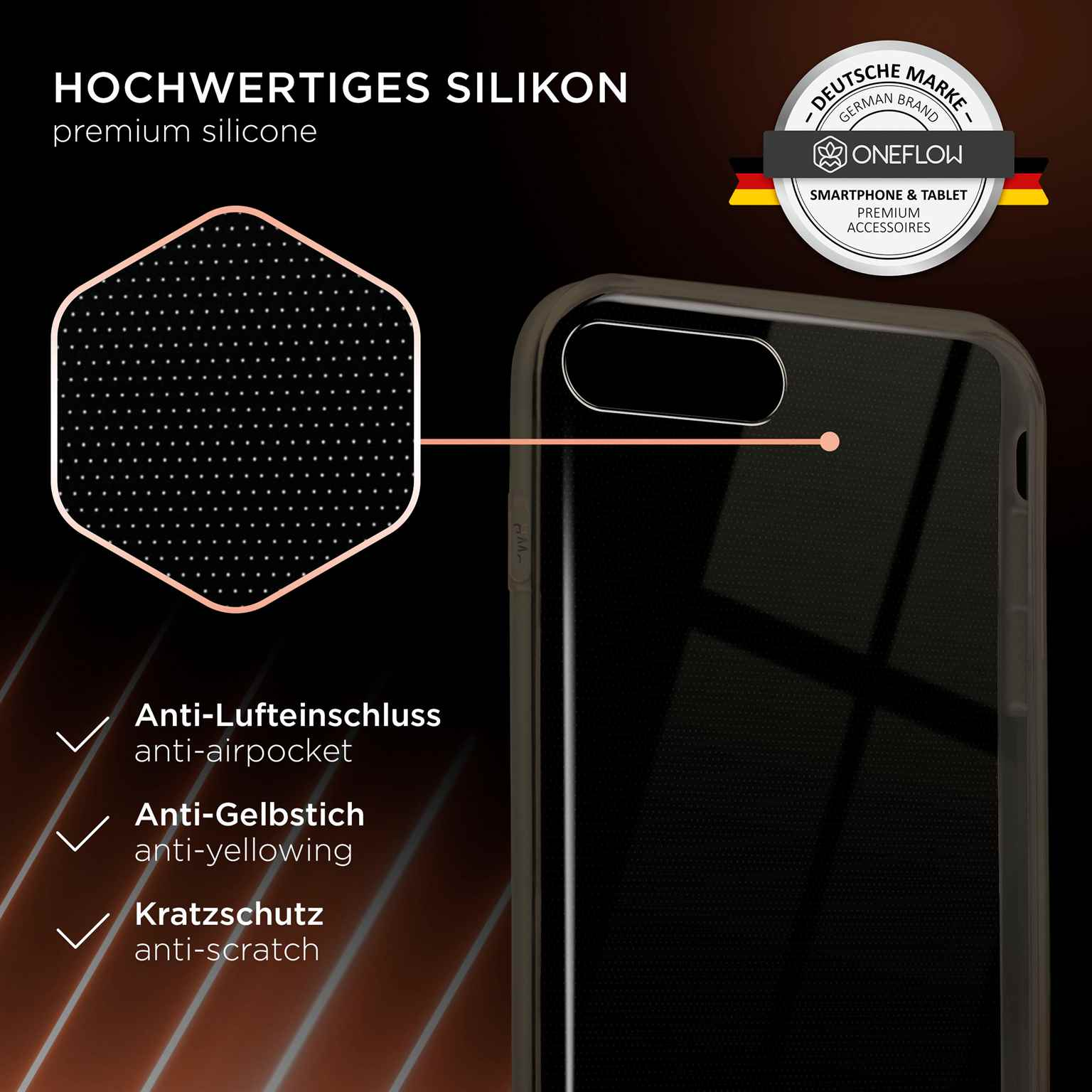 Transparente Handyhülle mit schwarzem Telefon. Text und Logo sichtbar.