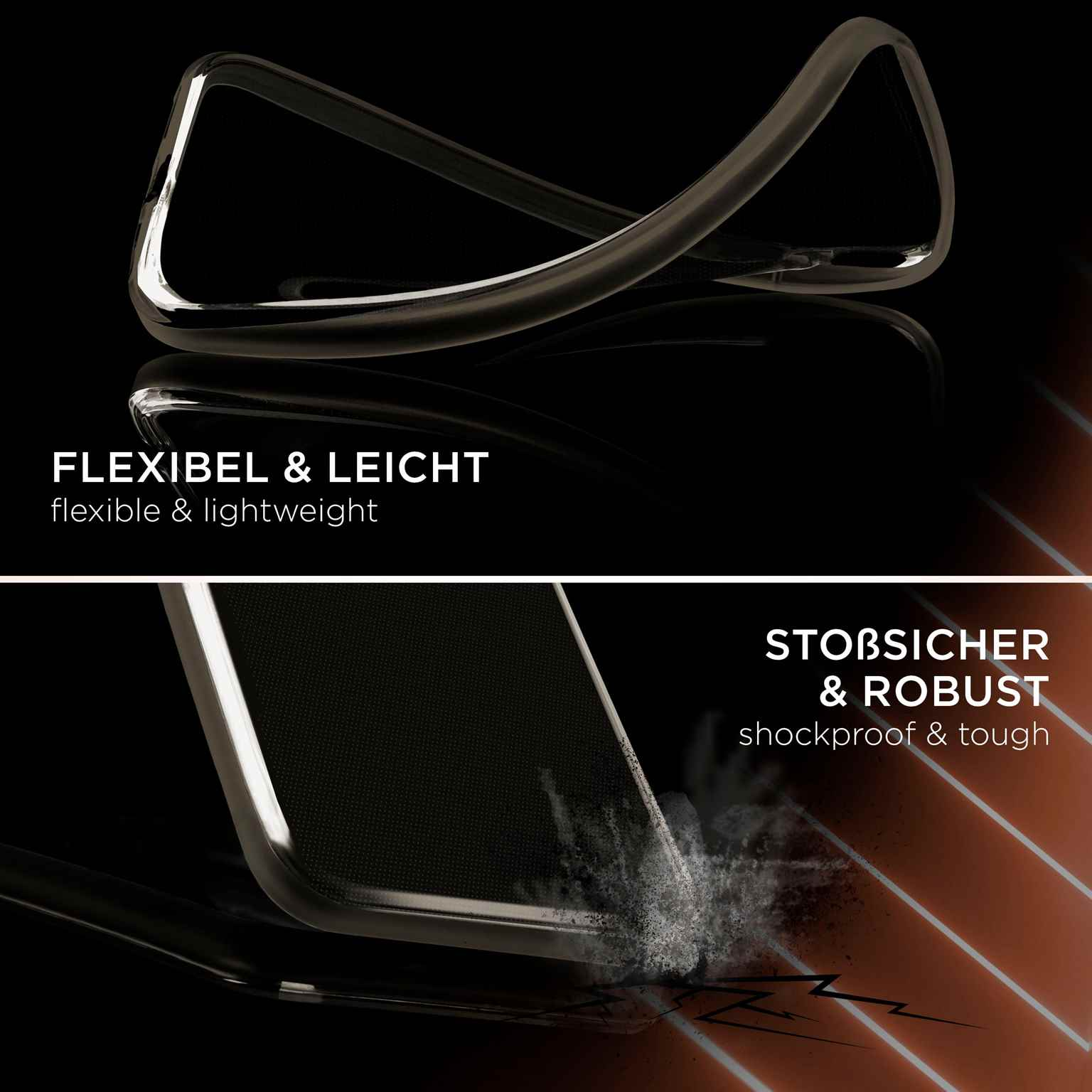 Flexibles durchsichtiges Handycase gebogen. Text: flexibel & leicht, stoßsicher & robust.