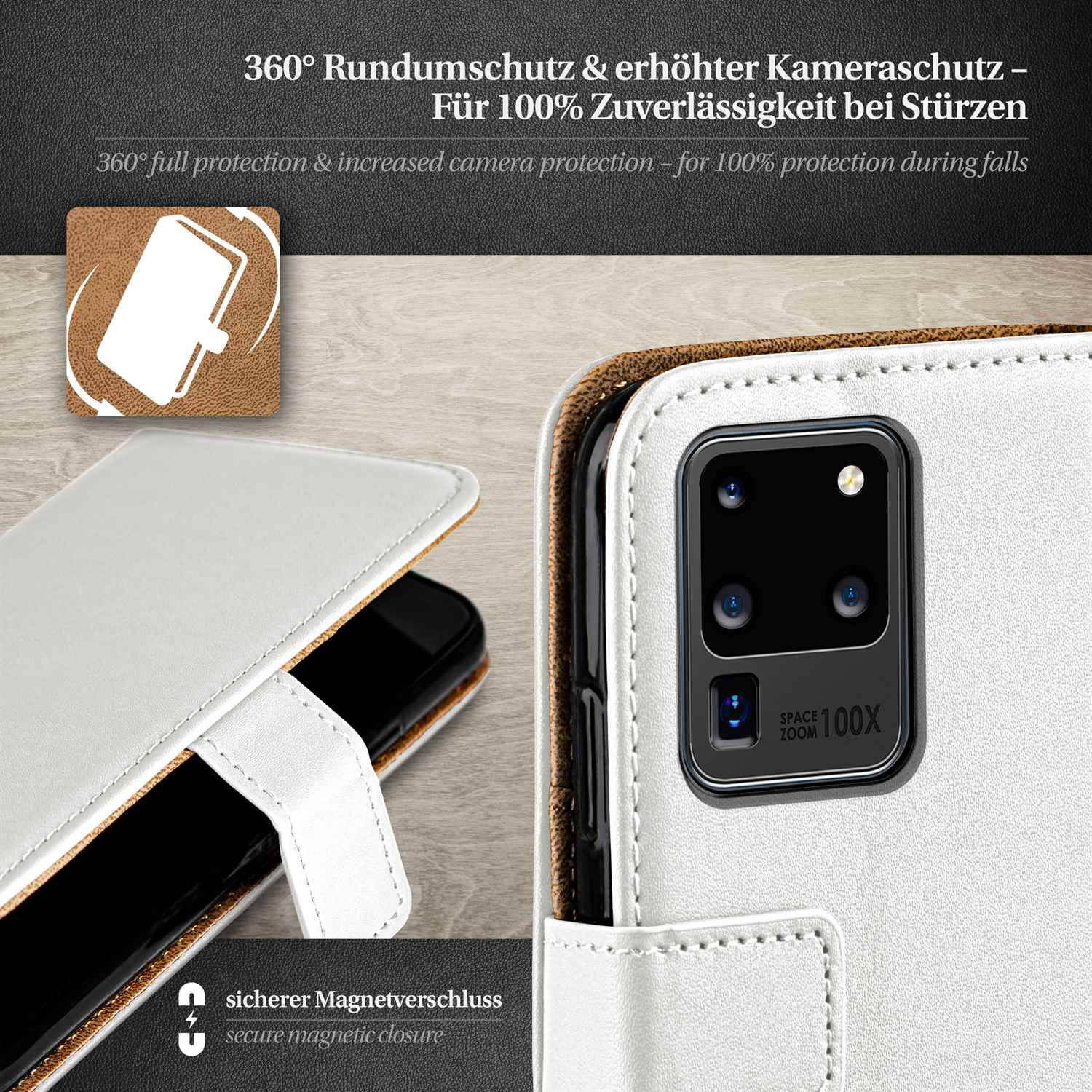 Ein Telefon in weißer Hülle, die Rückkamera zeigend. Text: 360° Rundumschutz & erhöhter Kameraschutz.