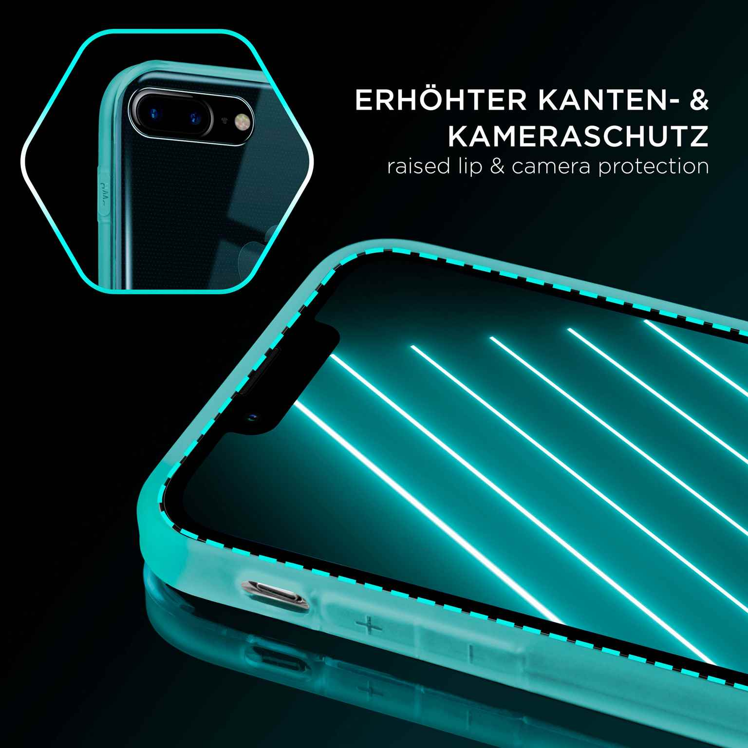 Transparente Handyhülle auf dem Telefon. Erhöhter Rand und Kameraschutz. Türkise Neonlichter auf dem Bildschirm.