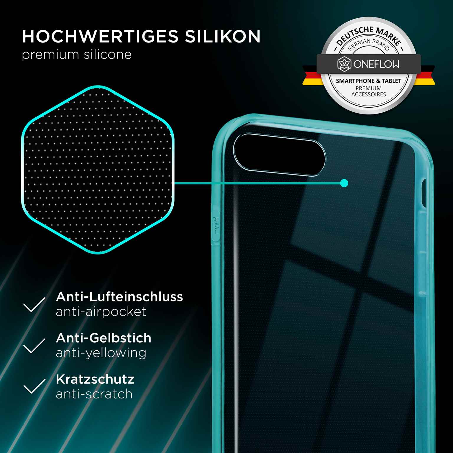 Transparente Handyhülle mit tealfarbenen Rändern und Produktdetails. Das Gehäuse ist transparent.