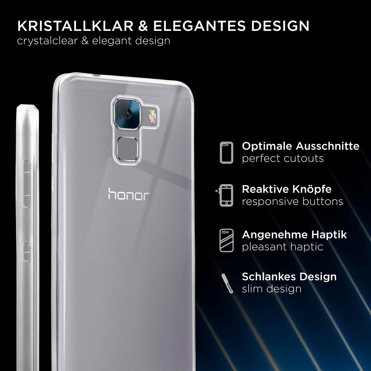 Transparente Handyhülle mit dem Wort 'honor'. Zeigt Ausschnitte, Knöpfe und ein schlankes Design.