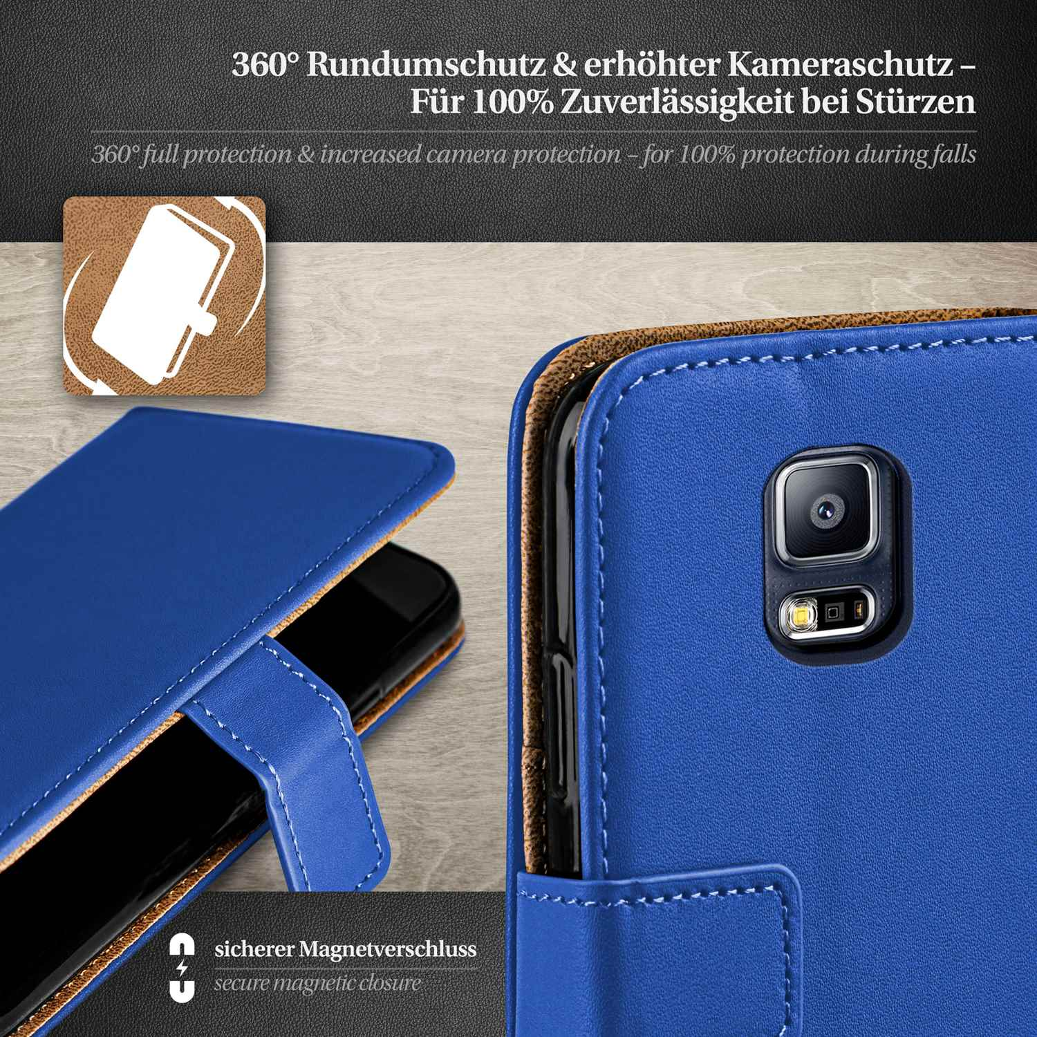 Blaue Leder-Handyhülle. Geöffnet, Telefon zeigend. Schwarzes Telefon innen. Weiße Nähte. Braune Textur innen.