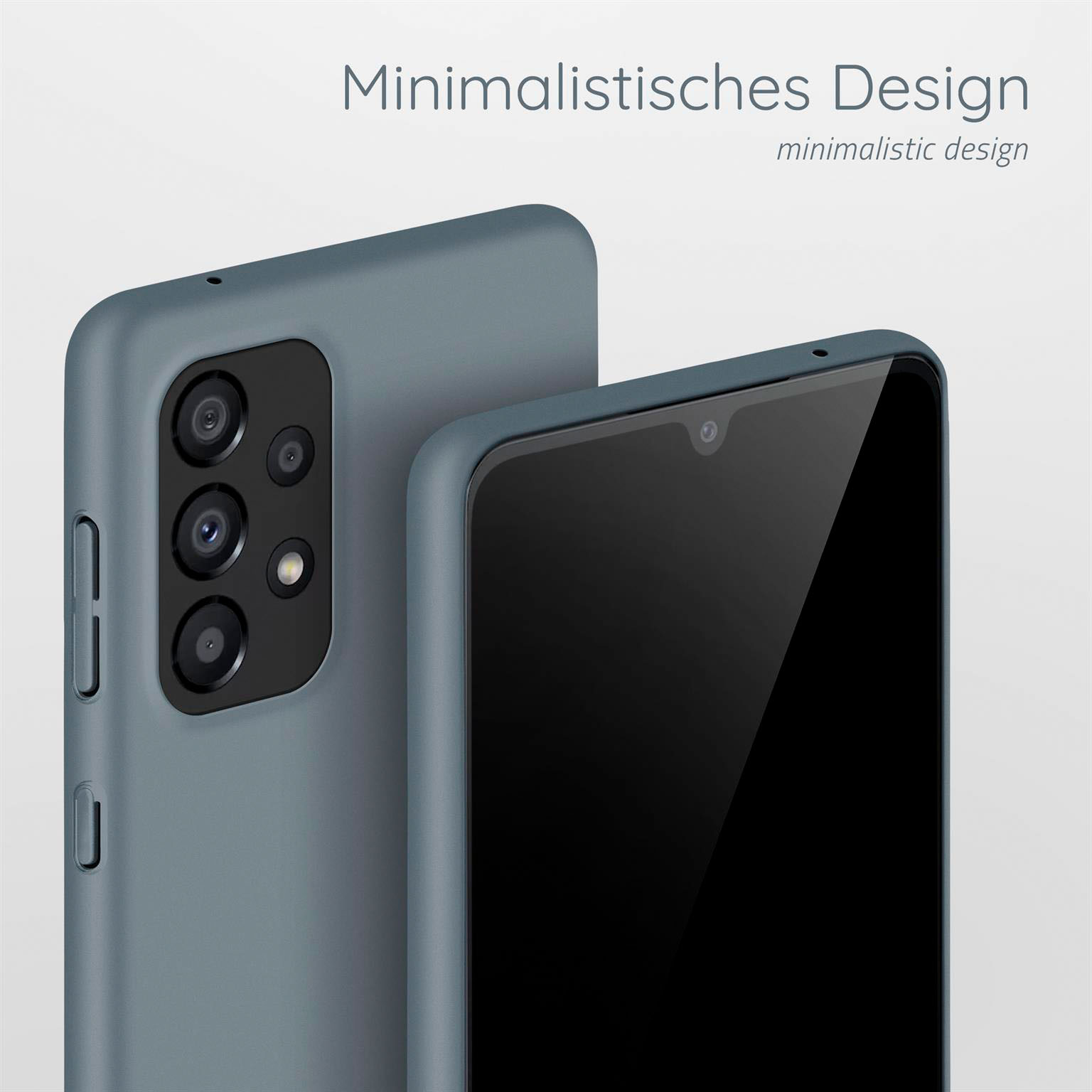 Zwei Telefone in grauen Hüllen. Text: minimalistisches Design. Rückseite sichtbar.