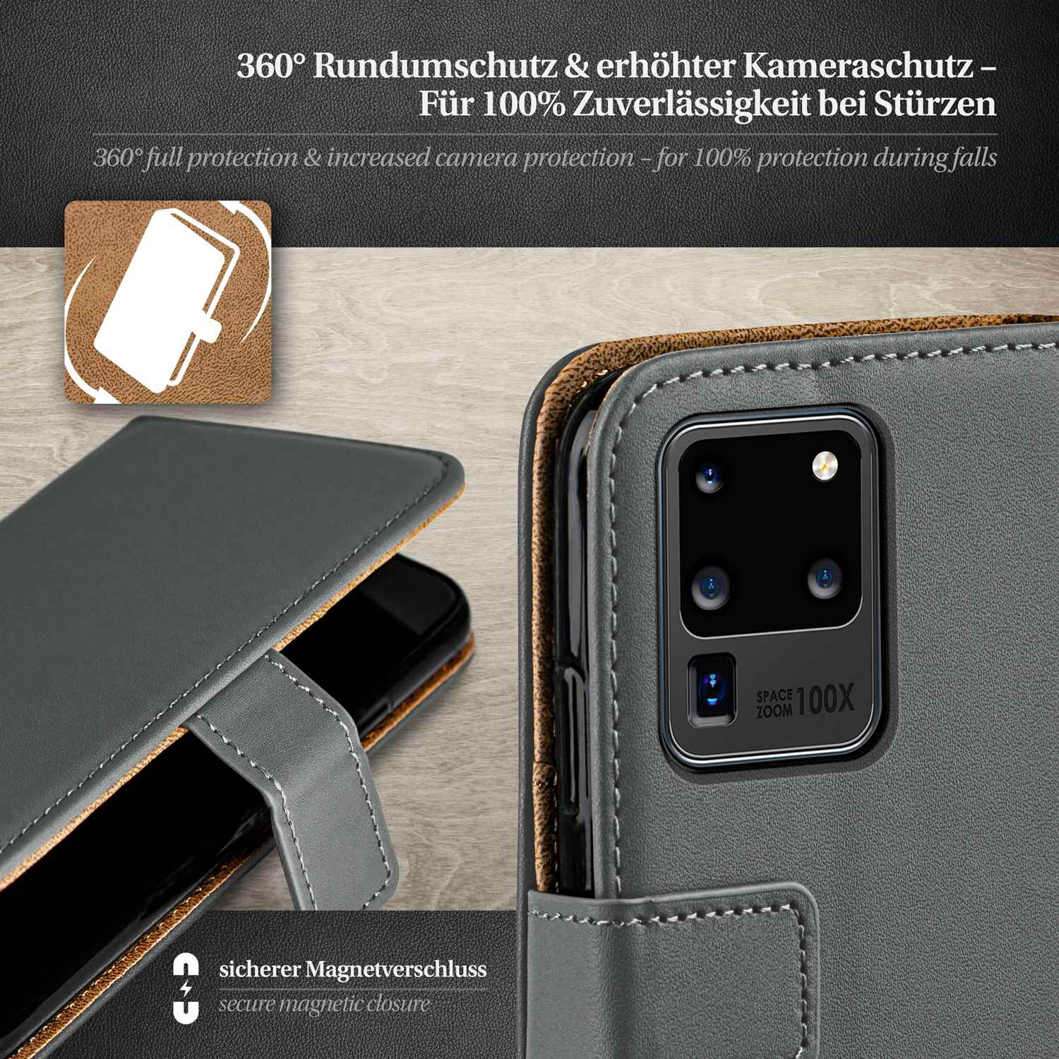 Graue Handyhülle mit Telefon darin, die Kamera ist sichtbar.