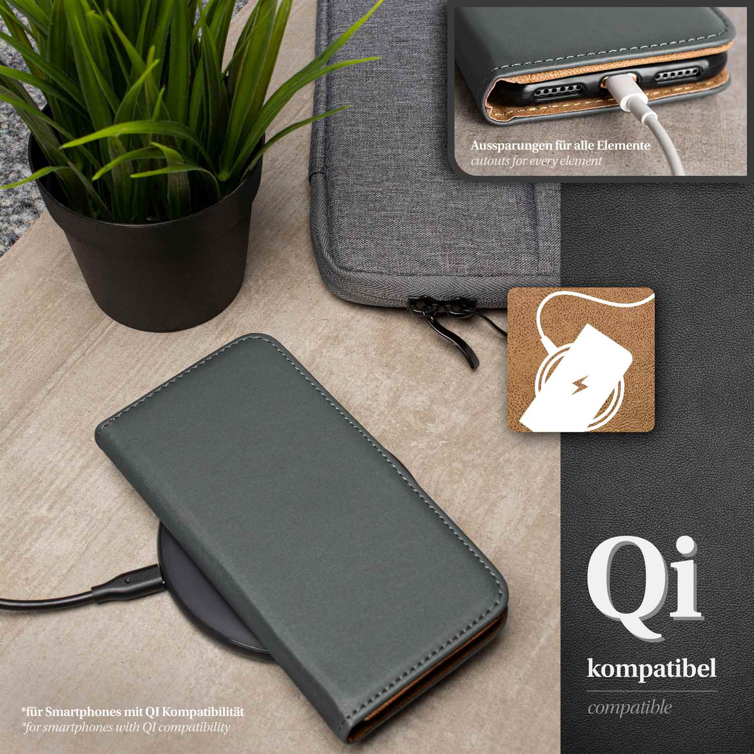 Eine Handyhülle mit einem Telefon darin befindet sich auf einem kabellosen Ladegerät. Eine Pflanze und eine Tasche sind im Hintergrund.