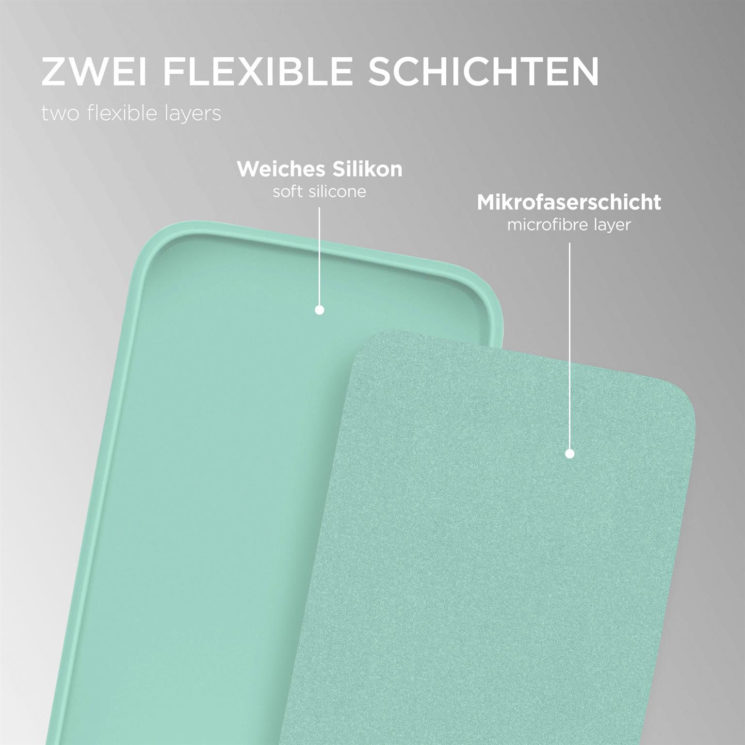 Zwei-Schichten-Handyhülle, weiches Silikon und Mikrofaser-Schicht, in Mintgrün.