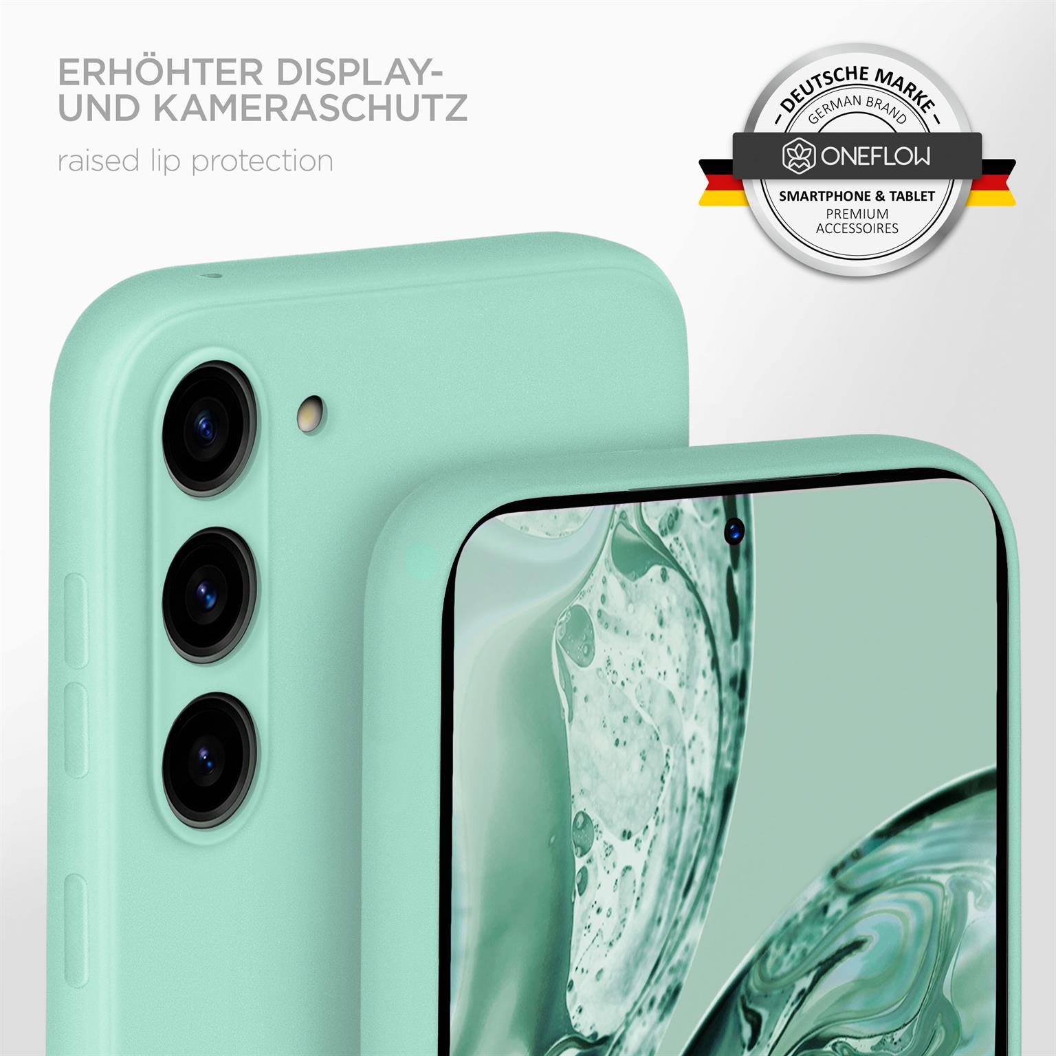 Eine mintgrüne Handyhülle. Erhöhter Lippenschutz. Ein Telefon befindet sich in der Hülle, die Kamera ist sichtbar.