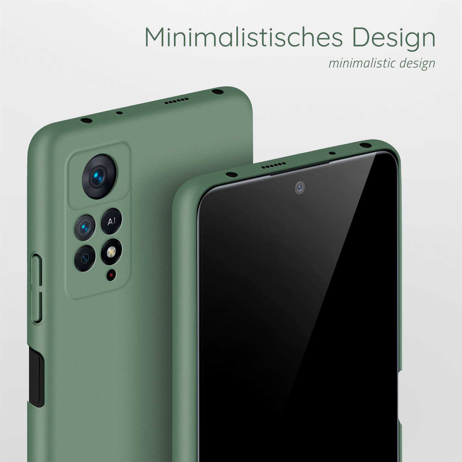 Zwei grüne Handyhüllen, eine zeigt die Kamera. Text: Minimalistisches Design.