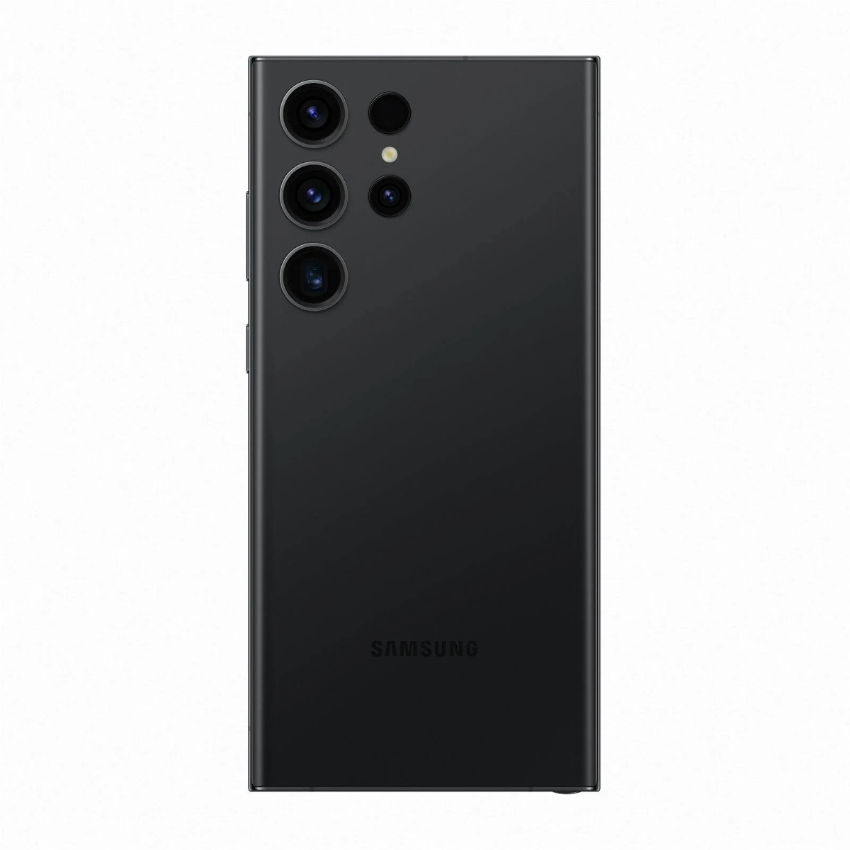 Siyah akıllı telefonun arkası, üç kamera ve Samsung logosu. Beyaz zemin.