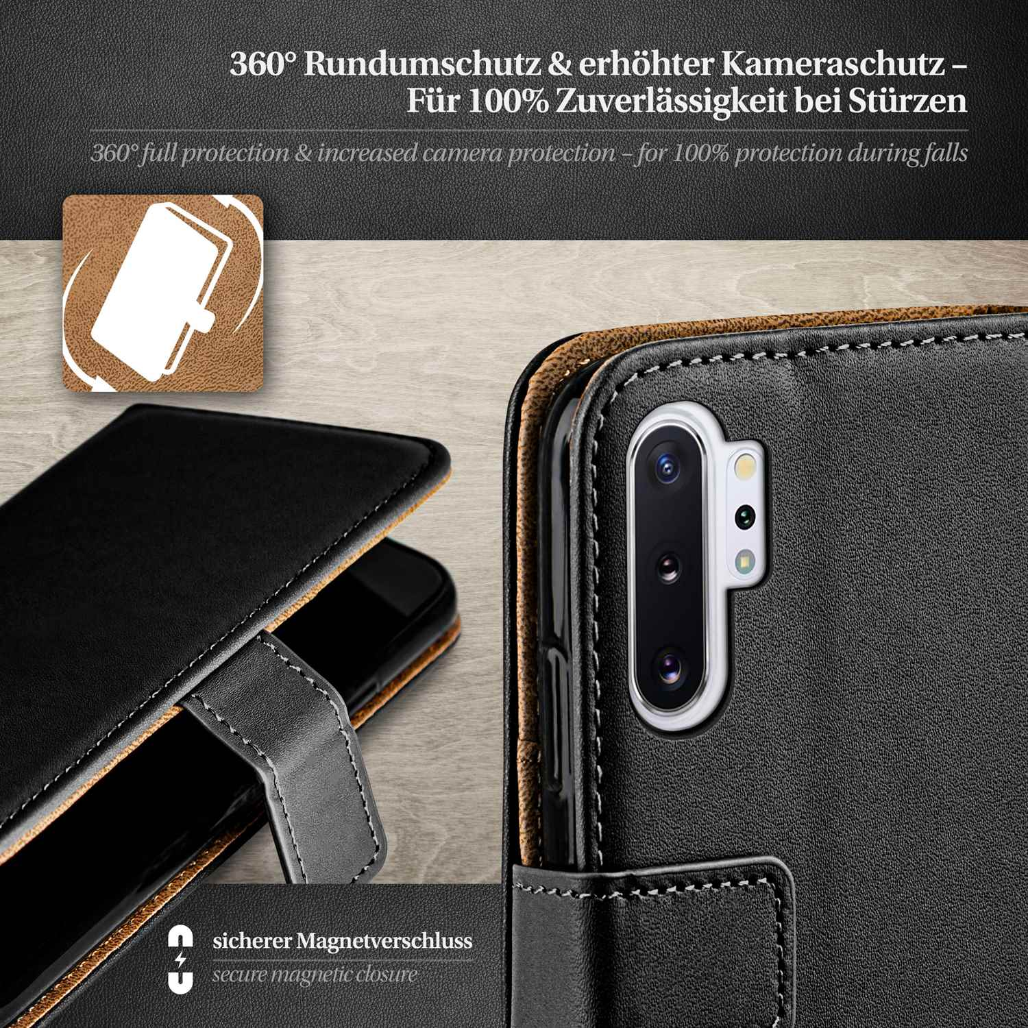 Schwarze Handyhülle mit einem Telefon darin. Sie hat einen sicheren Magnetverschluss. Hintergrund ist ein Holztisch.