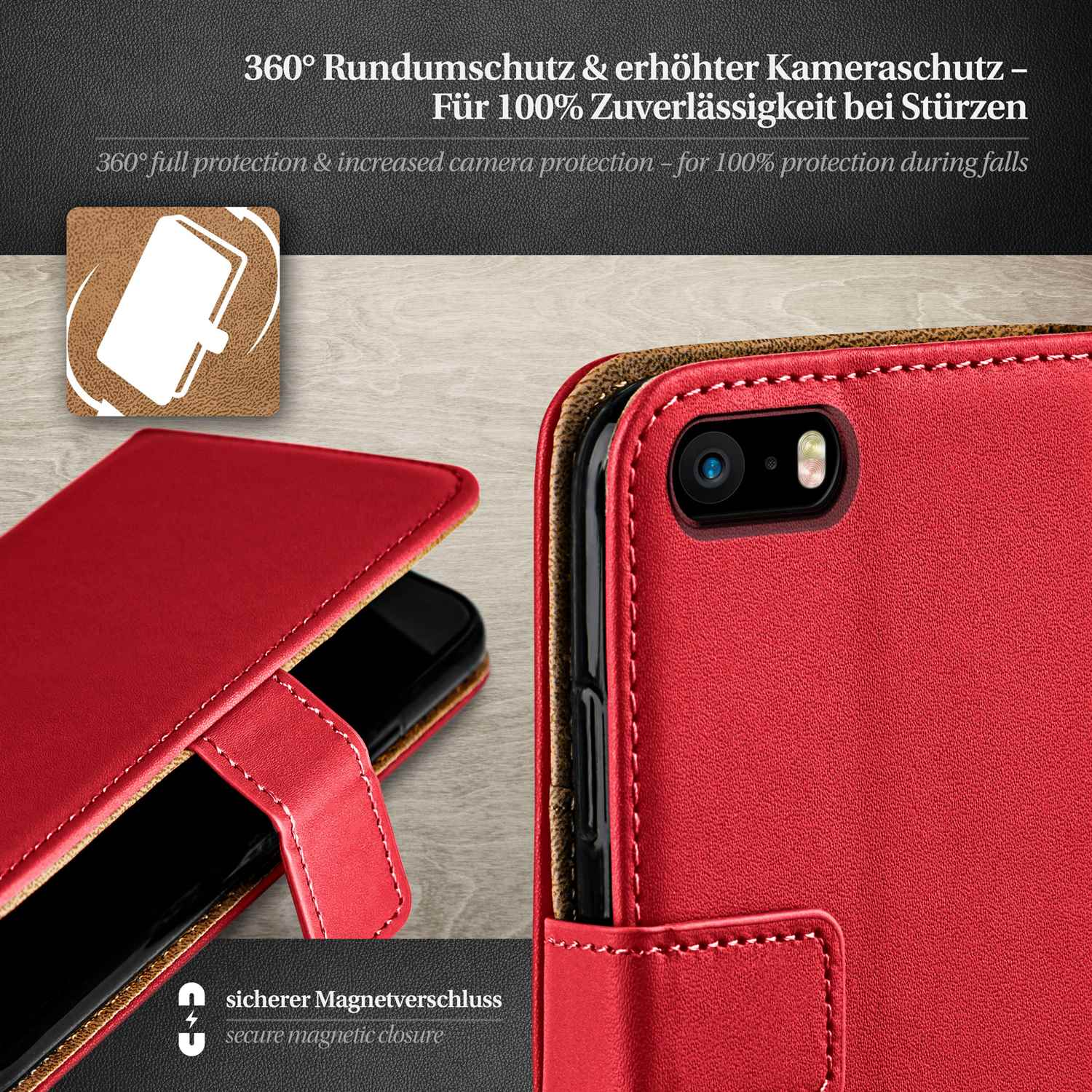 Rote Leder-Handyhülle. Zeigt Telefon in der Hülle. Sicherer Magnetverschluss hervorgehoben.