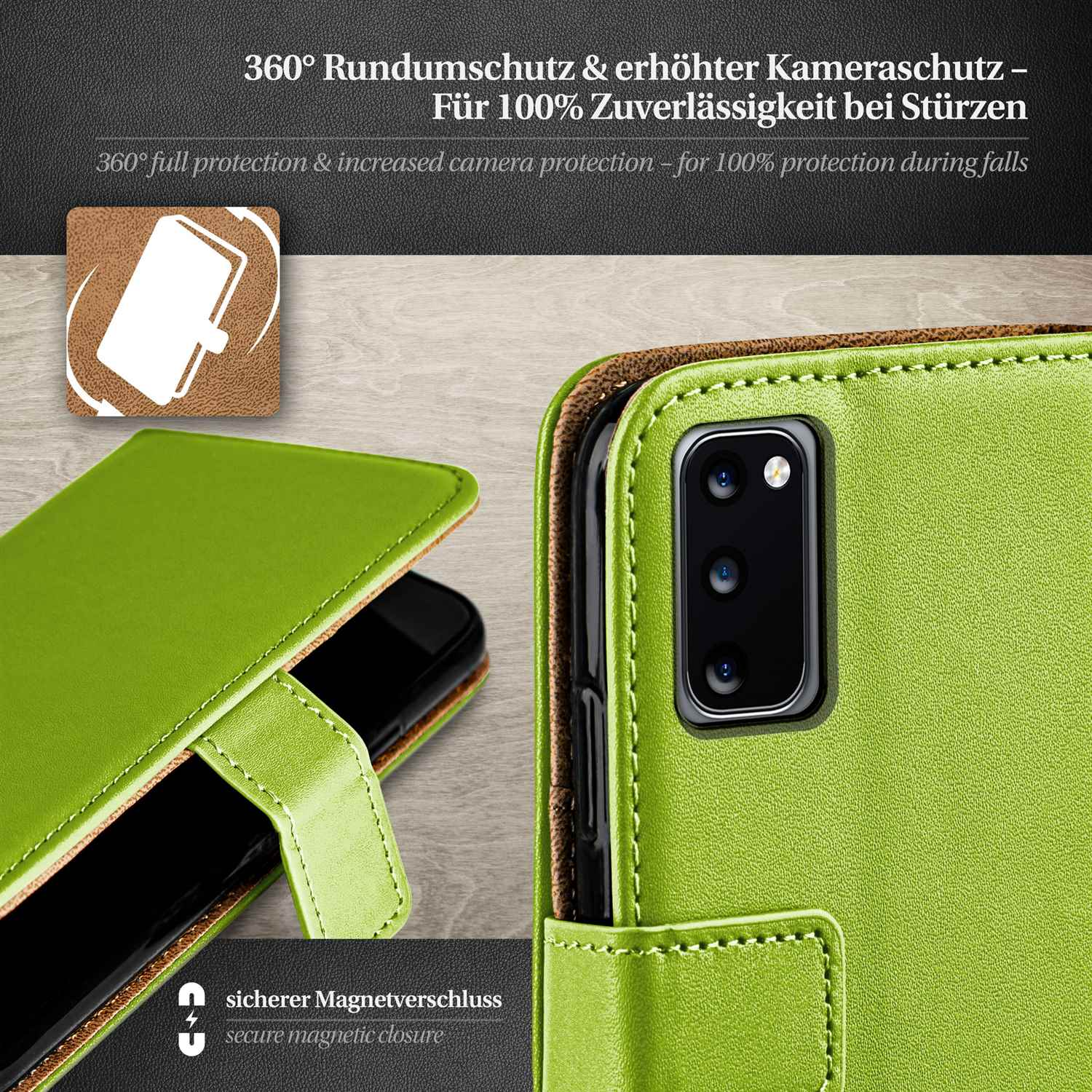 Grüne Handyhülle mit Telefon. Text: 360° Schutz. Im Hintergrund ein Detail der Handyhülle.