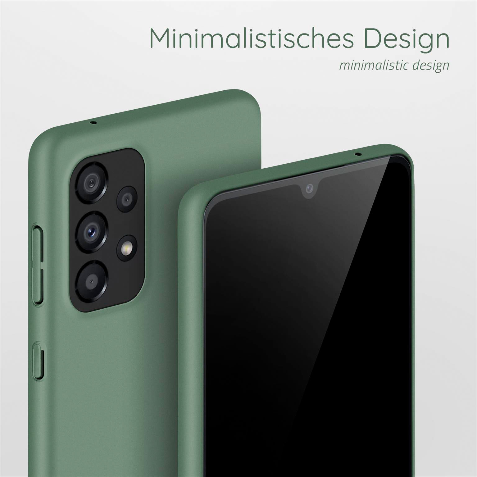 Grüne Handyhülle mit zwei gezeigten Handys. Minimalistisches Design, Kamera sichtbar.