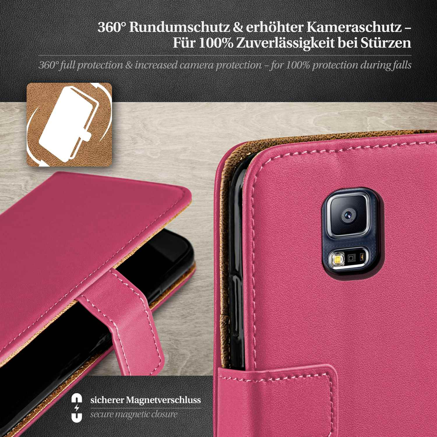 Eine pinkfarbene Handyhülle auf einem Telefon. Es ist im Folio-Stil mit Magnetverschluss.