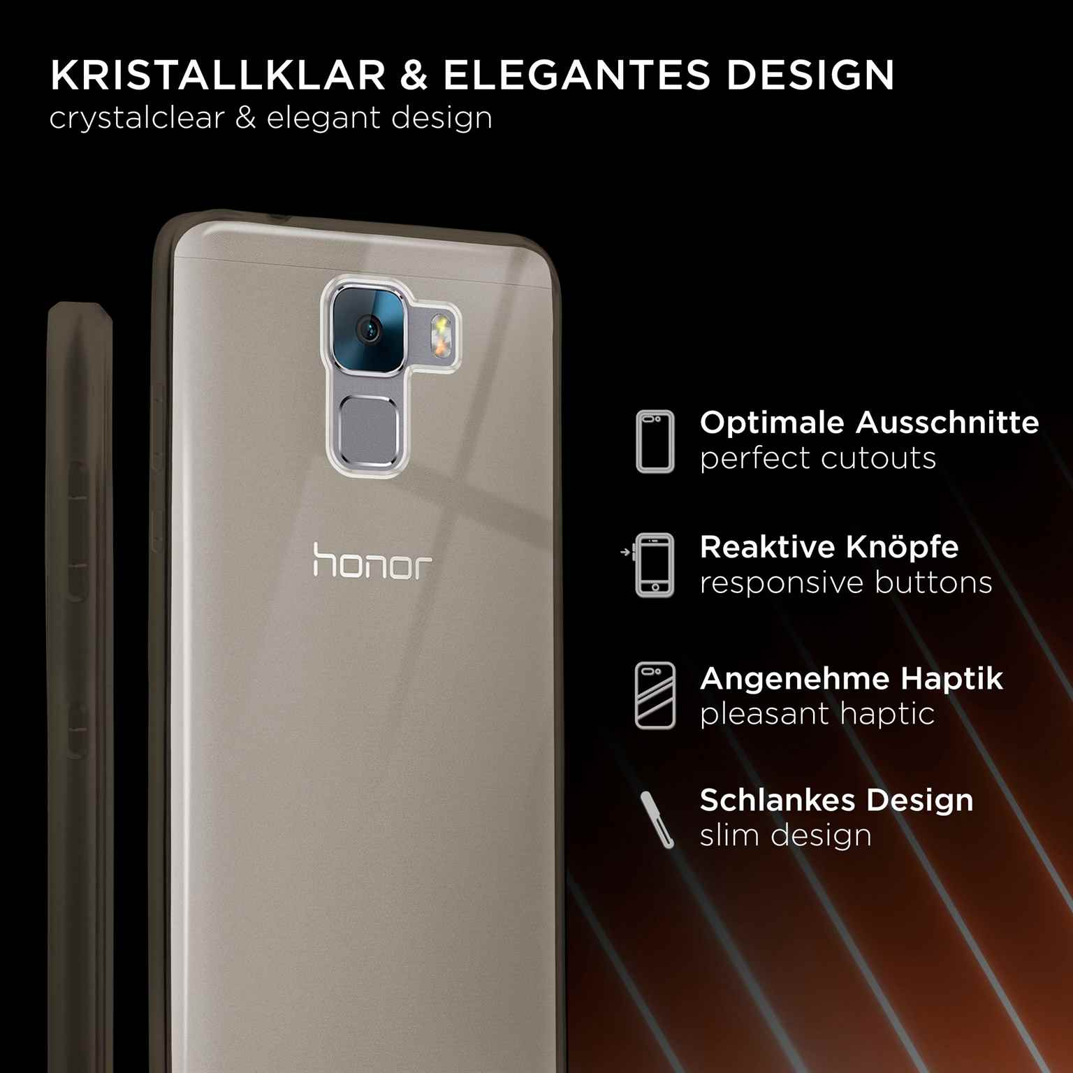 Telefon in transparenter Hülle. Merkmale: perfekte Ausschnitte, reaktive Tasten, angenehme Haptik, schlankes Design.