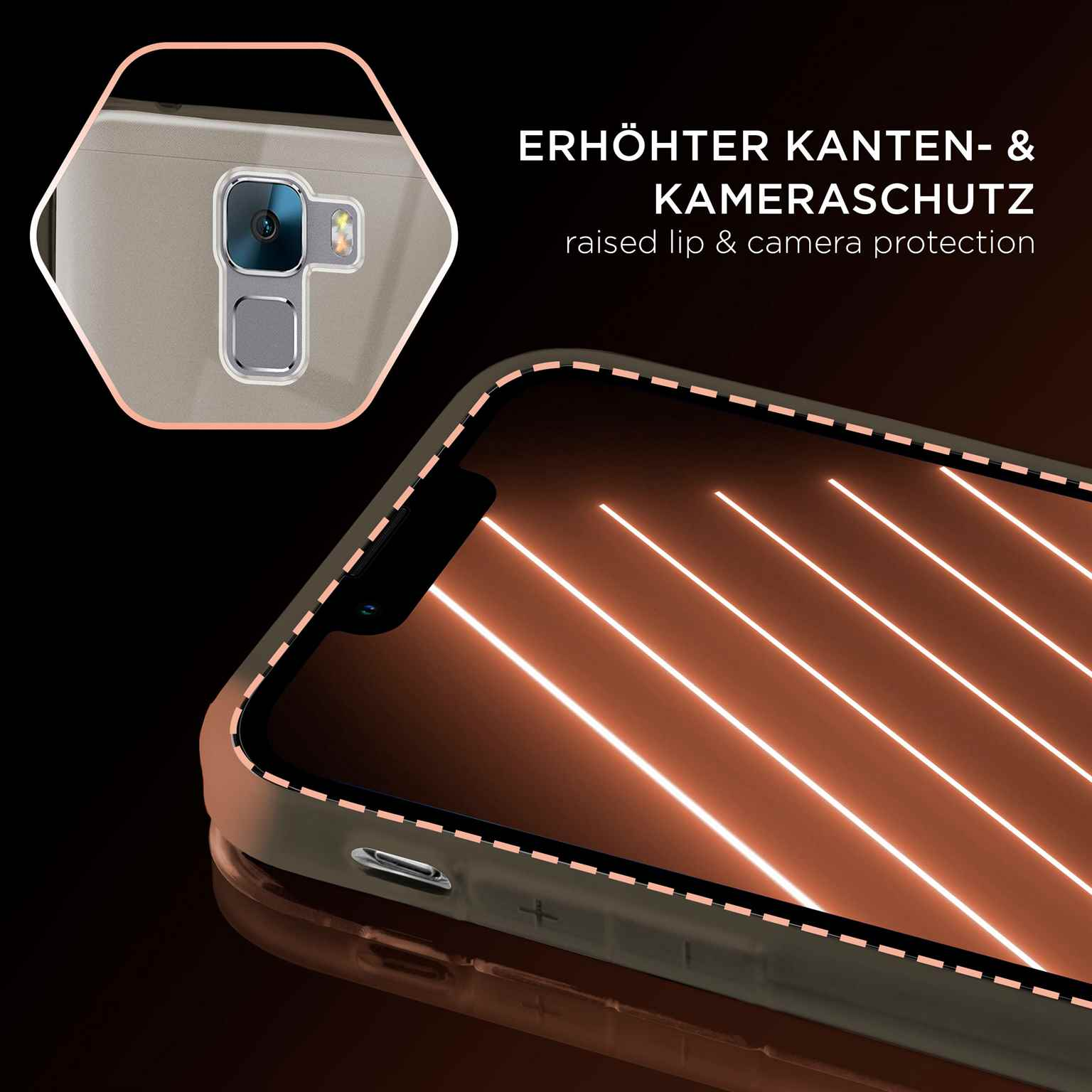 Nahaufnahme einer Handyhülle mit orangefarbenen Lichtlinien. Der Hintergrund ist schwarz. Ein Telefonobjektiv und die Kamera sind sichtbar.