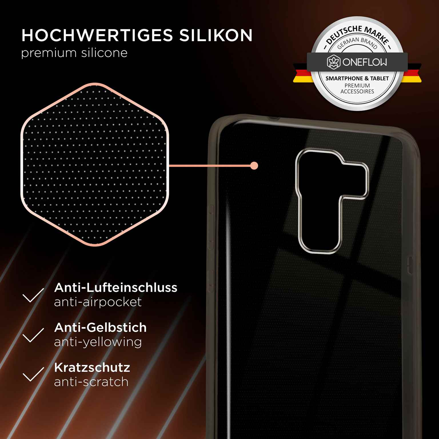 Nahaufnahme einer Handyhülle mit Punkmuster. Text-Labels: Anti-Luftblasen, Anti-Vergilbung, Anti-Kratzer.