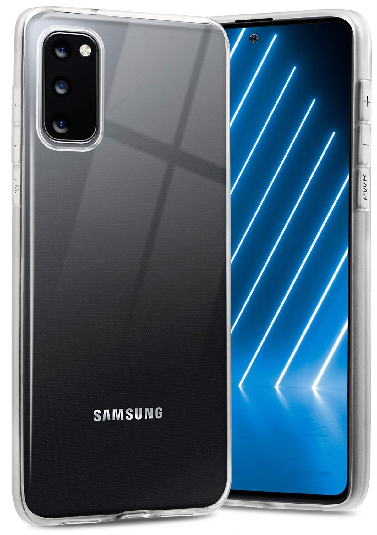 Transparente Handyhülle mit Samsung-Telefon. Der Bildschirm ist sichtbar und zeigt blaue Lichter.
