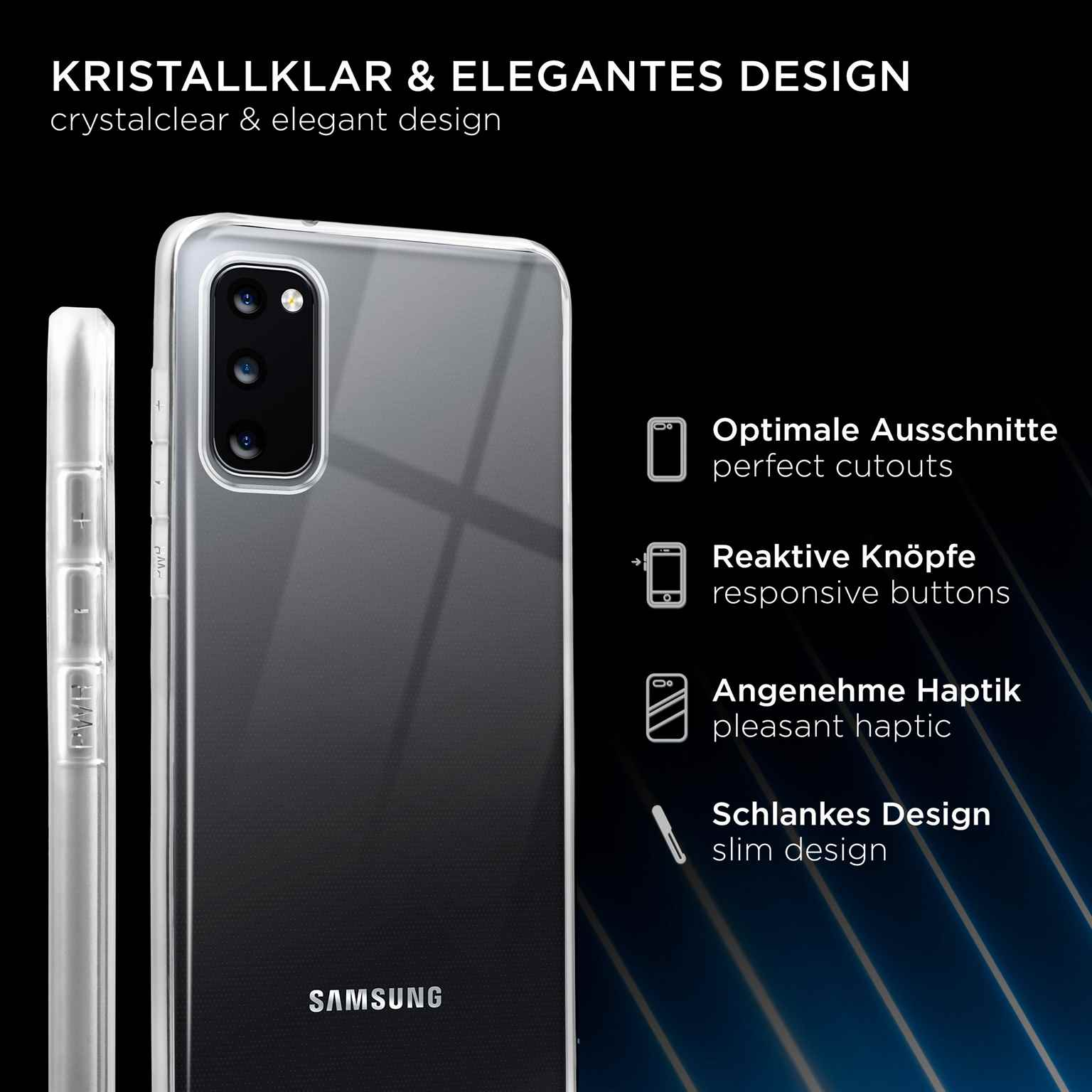 Transparente Handyhülle mit einem Telefon darin. Sie ist schlank und hat reaktionsschnelle Tasten.