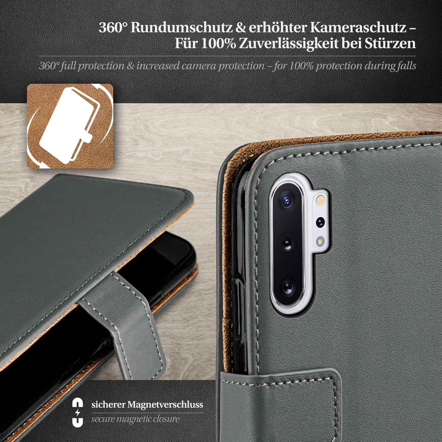 Eine graue Handyhülle mit einem Telefon darin. Das Telefon hat eine Kamera. Der Hintergrund ist braun.