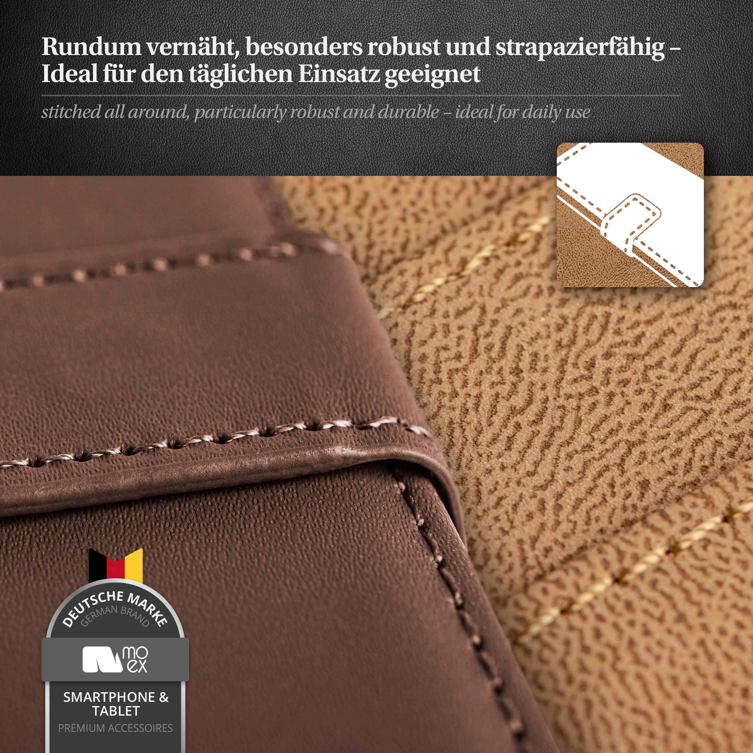 Braune Handyhülle mit weißen Nähten. Deutsches Markenlogo sichtbar. Text: Smartphone & Tablet Zubehör.