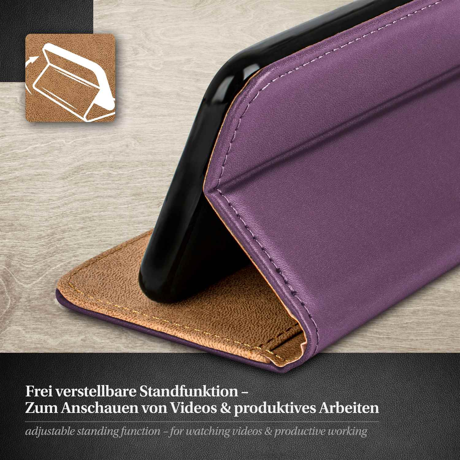 Lila Handyhülle mit Telefon. Text auf Deutsch.
