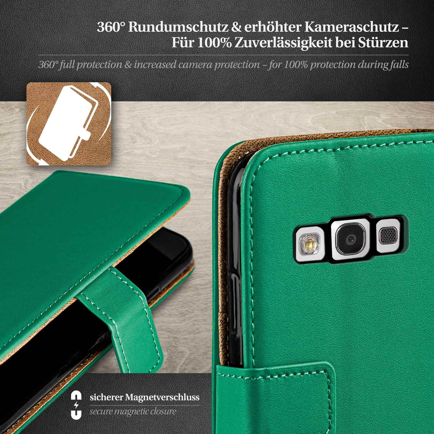 Eine grüne Handyhülle, die ein Telefon darin zeigt. Es hat einen Magnetverschluss.