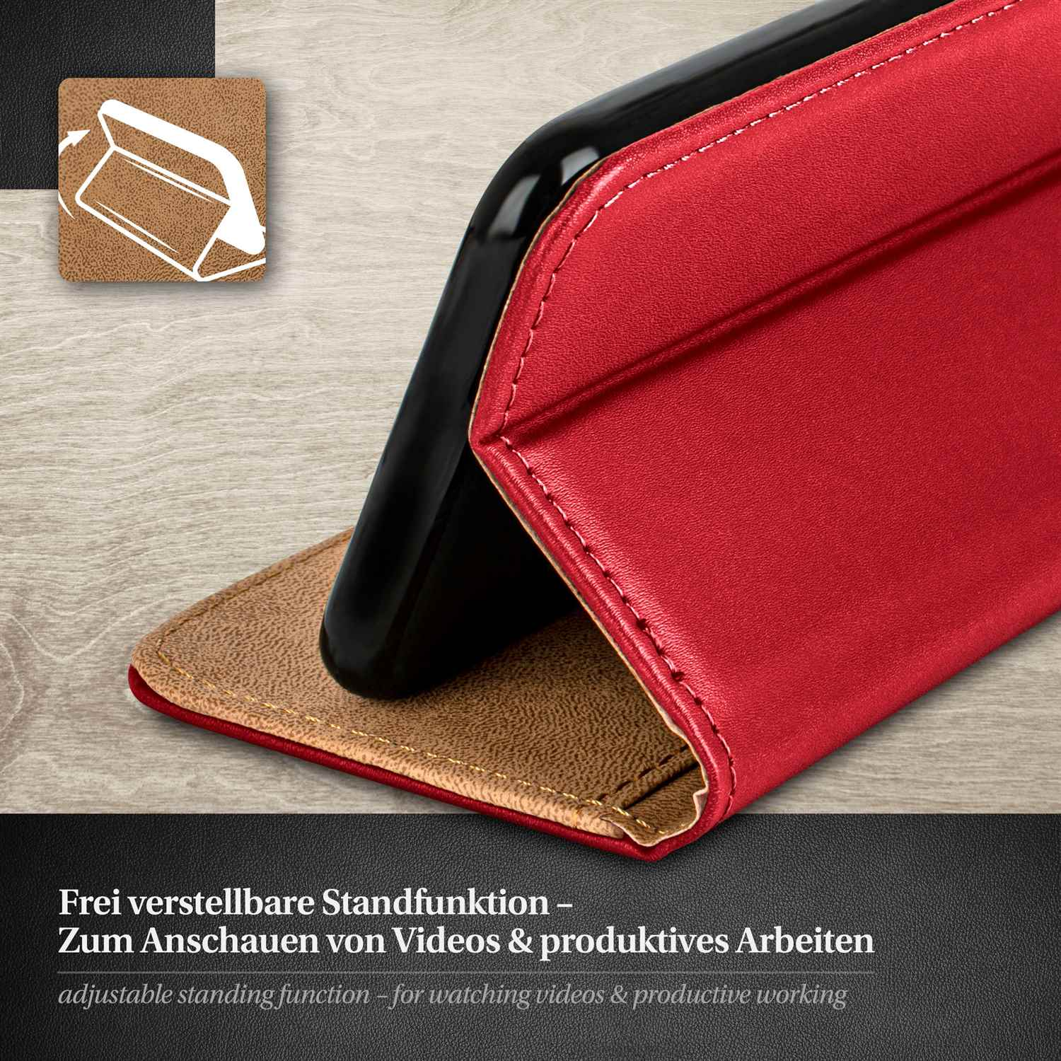 Telefon in roter Lederhülle, geöffnet, um das Telefon im Winkel zu zeigen, auf Holz.
