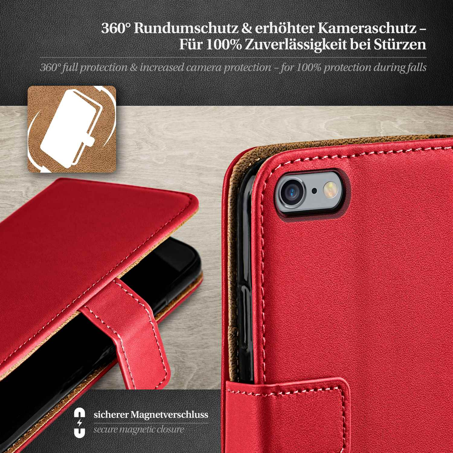 Rote Handyhülle mit Magnetverschluss, auf Holztisch, mit Text.