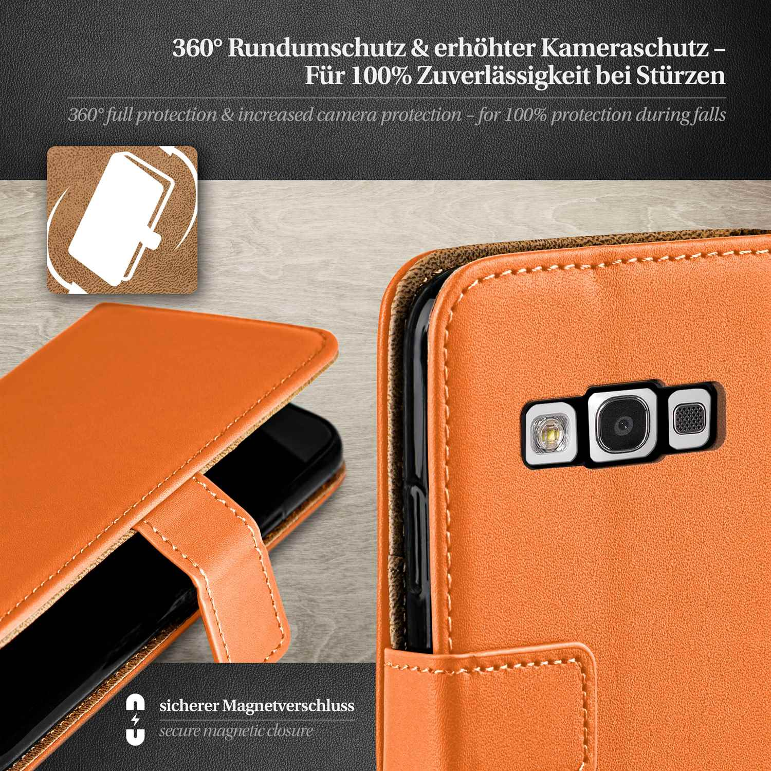 Orange Handyhülle mit Telefon. Die Hülle hat einen Kameraausschnitt und einen sicheren Magnetverschluss.