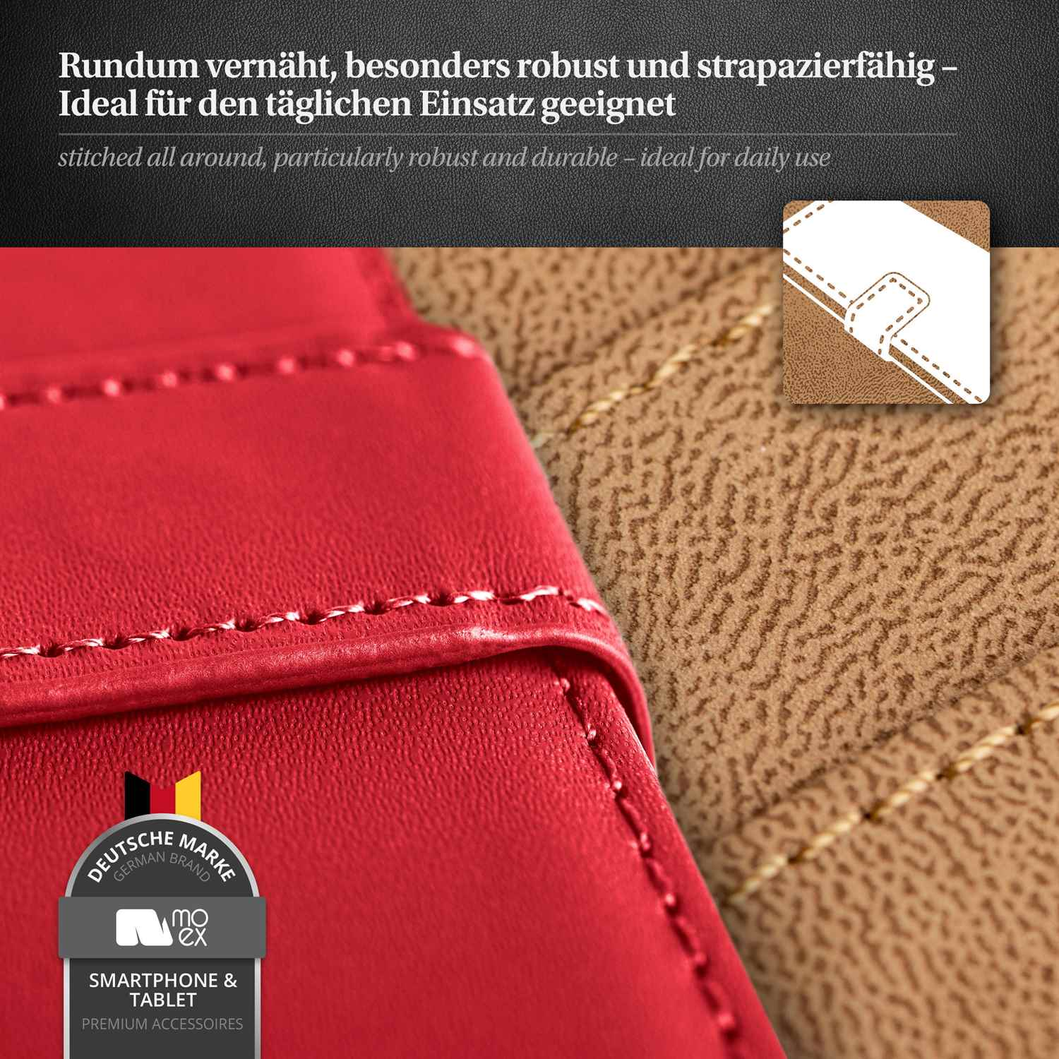 Nahaufnahme einer roten Handyhülle mit Nähten. Text: Rundum genäht, robust, strapazierfähig.