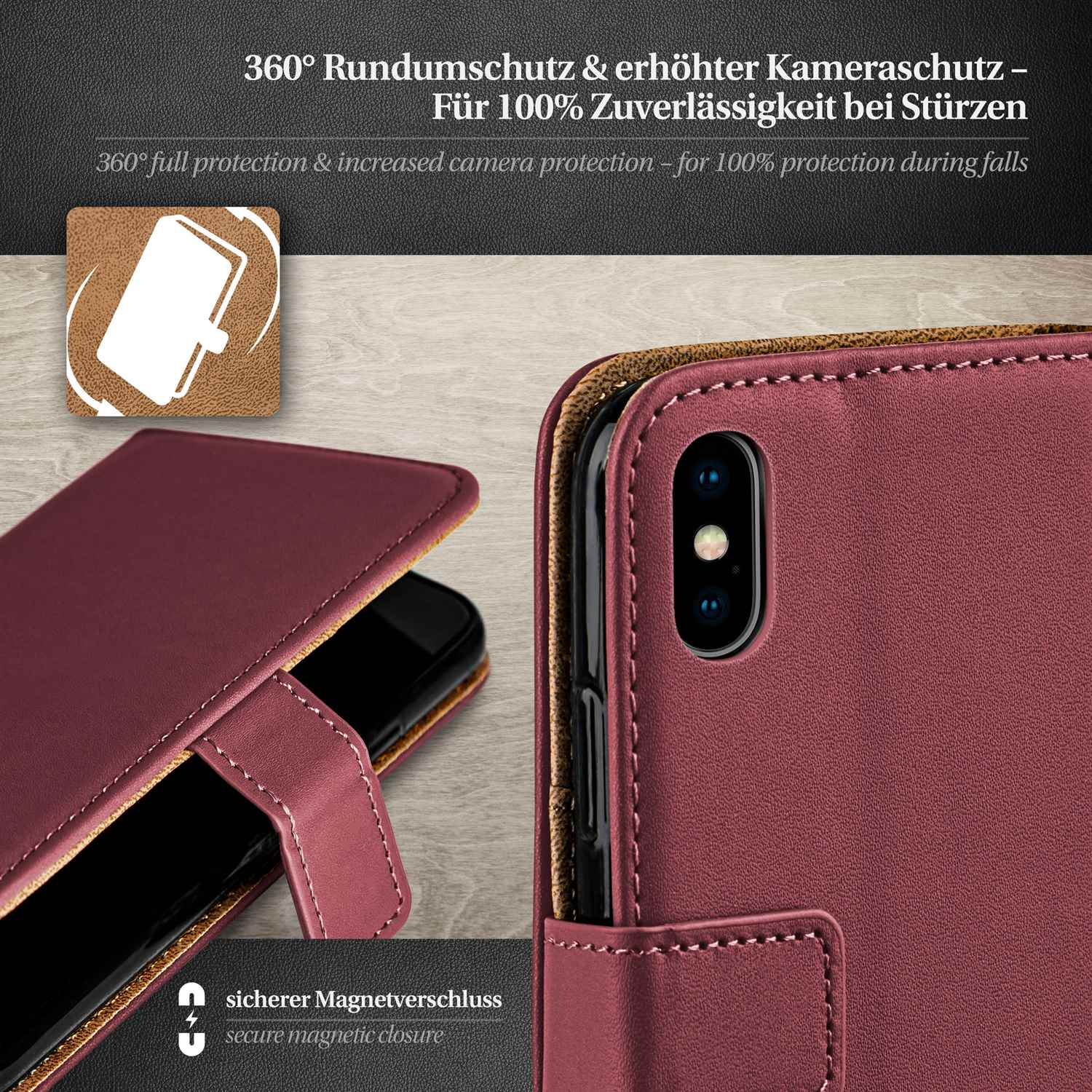 Bordeauxfarbene Handyhülle mit Magnetverschluss. Text erwähnt 360°-Schutz.