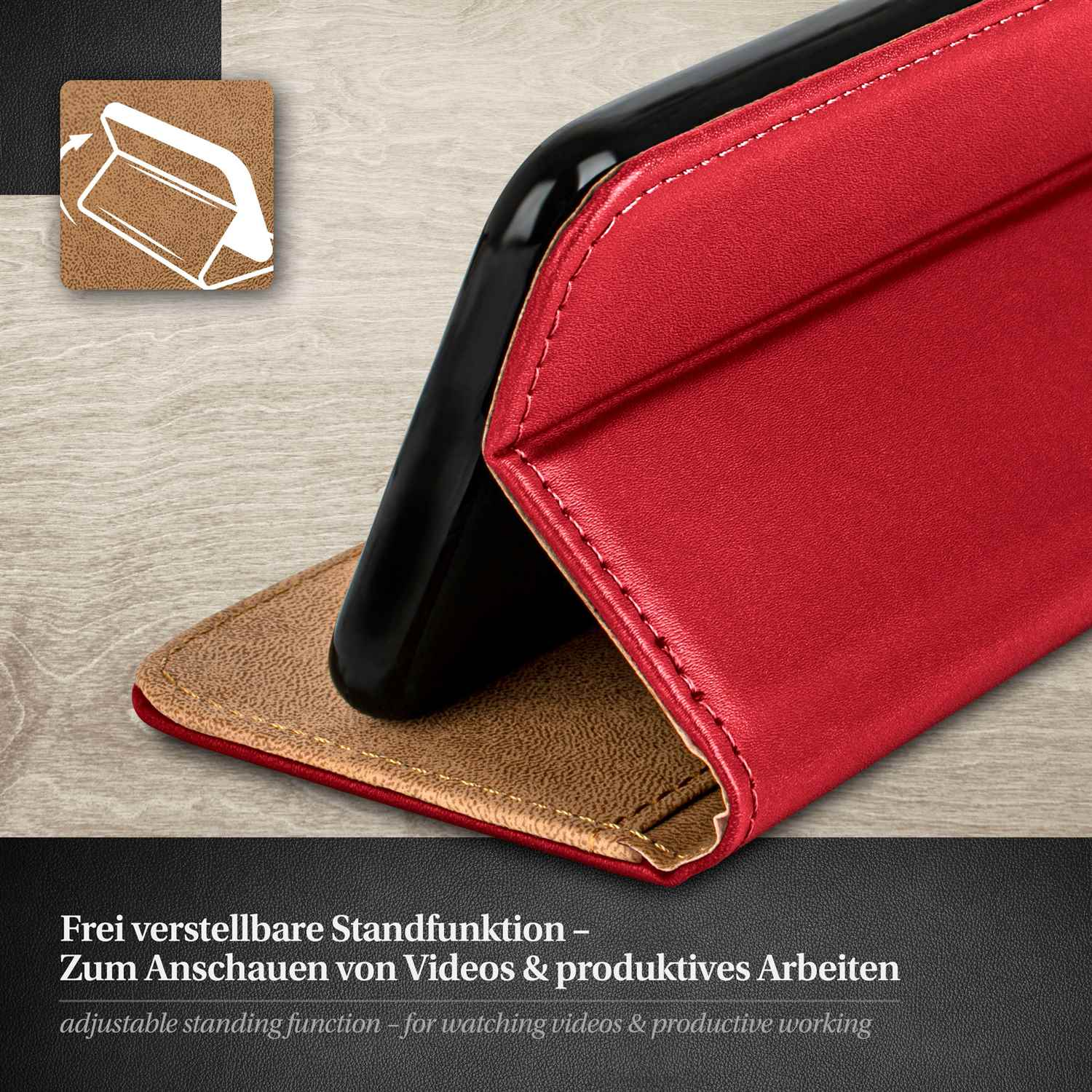 Rote Handyhülle mit Telefon darin, die Hülle ist offen und liegt auf einer Oberfläche.