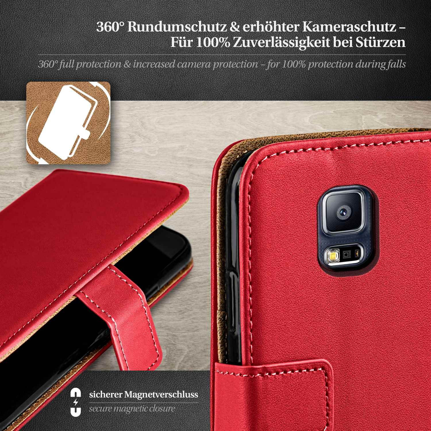 Rote Handyhülle, geöffnet mit Telefon. Text oben: '360° Schutz'.