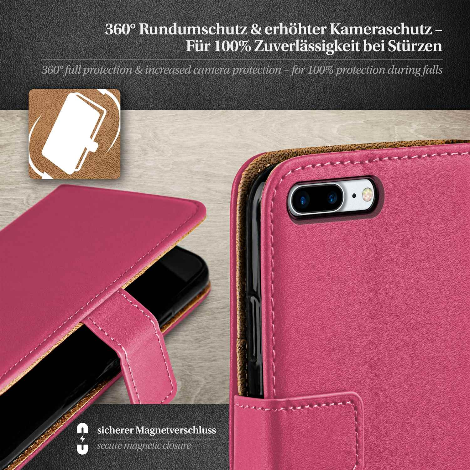 Geöffnete pinke Handyhülle, zeigt ein Telefon darin, mit Magnetverschluss und Lederstruktur.