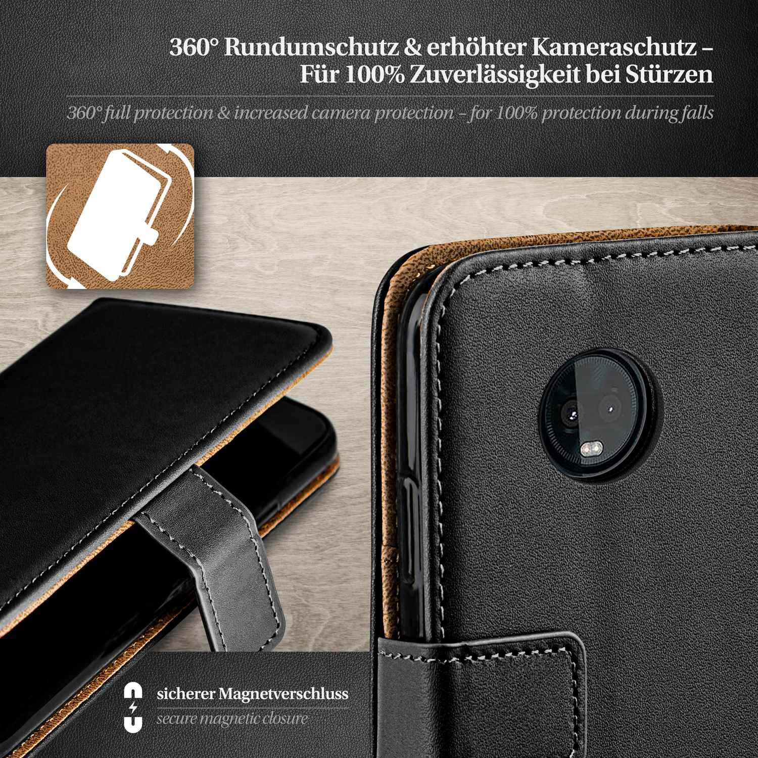Eine schwarze Handyhülle ist mit einem Telefon darin geöffnet. Die Hülle hat einen Magnetverschluss. Text auf Deutsch und Englisch.