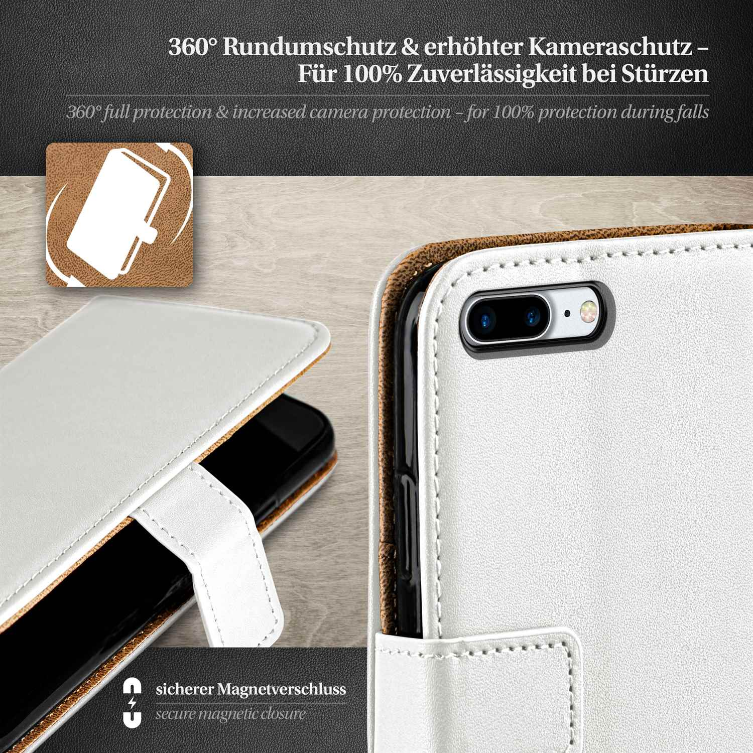 Weißes Handy-Case mit sicherem Magnetverschluss, mit Text oben. Telefon ist teilweise sichtbar.