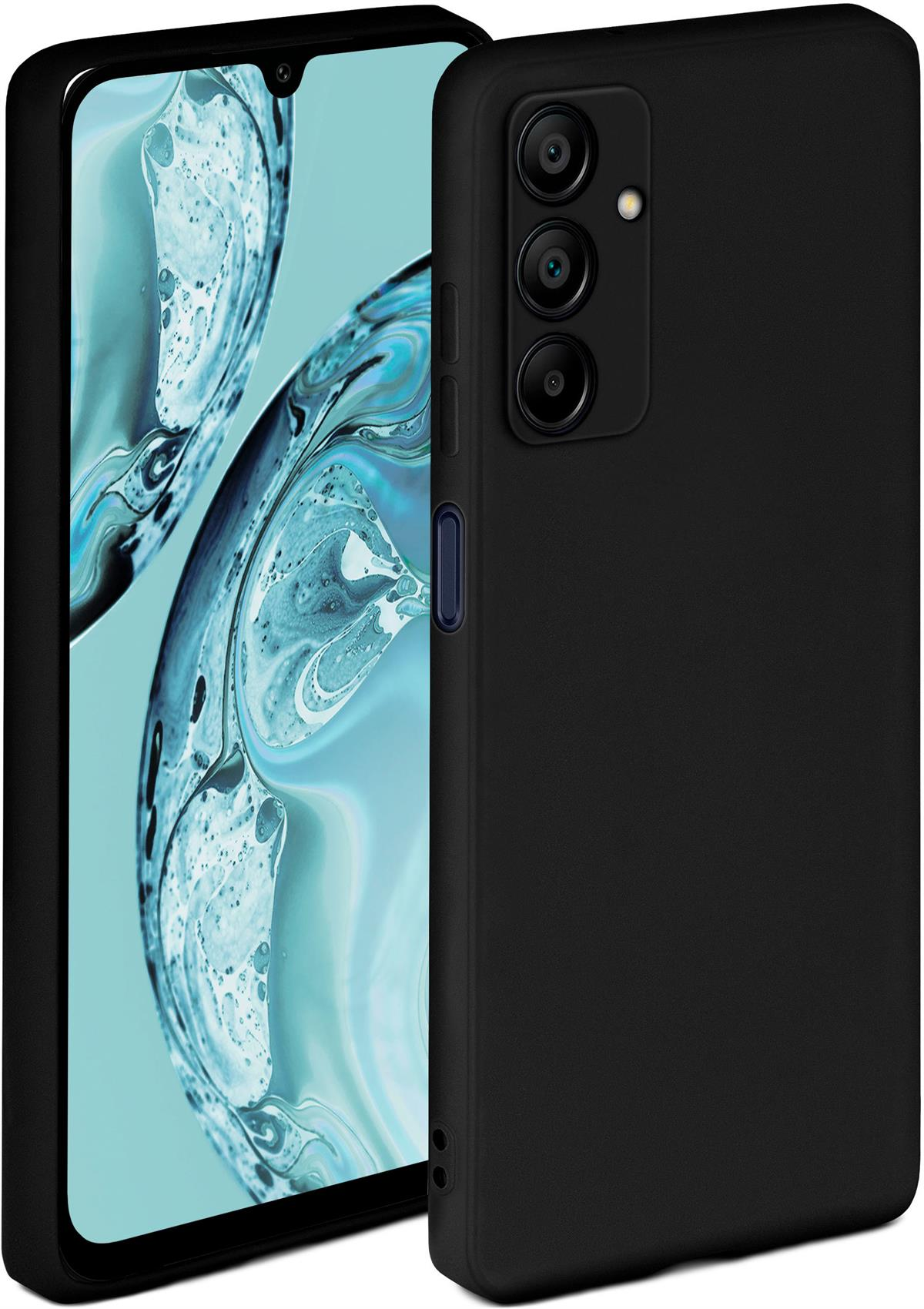 Schwarzes Telefon in einer schwarzen Hülle. Das Telefon hat drei Kameras. Der Bildschirm ist sichtbar.